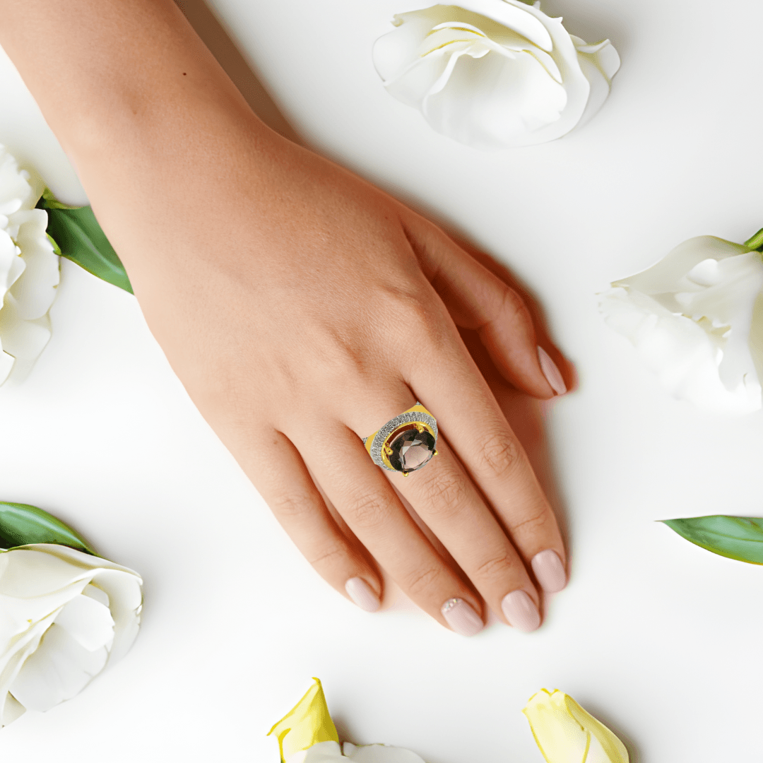 Smokey Quartz Statement Ring Fine Color Jewels $ 100 – 150, 6, 925 Sterling Silver, Brown, dla-dm-discount-all-143240, dla-dm-discount-all-154898, Oval, Round, sale, Smoky Quartz, Statement, White, White Topaz