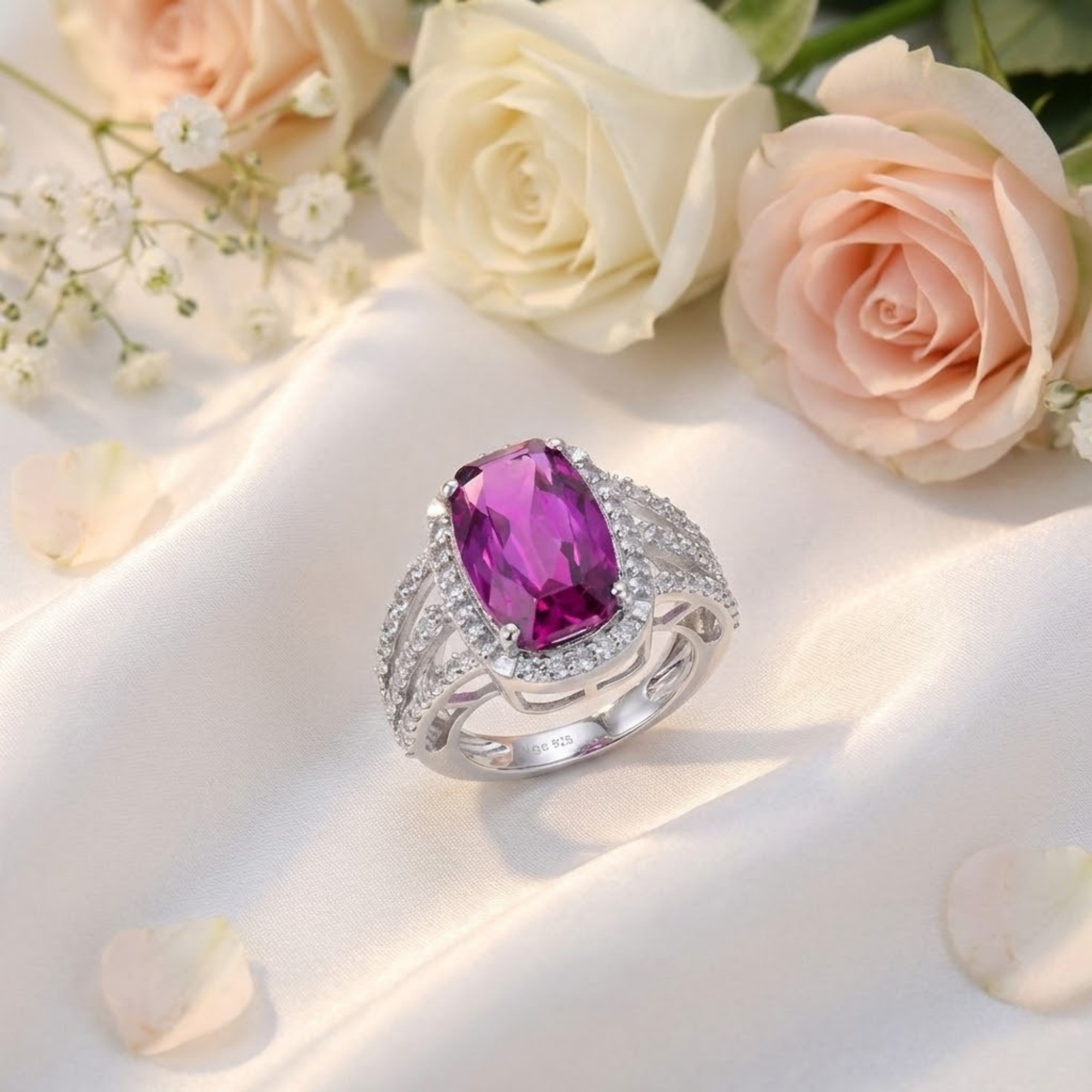 Bague coussin en saphir violet