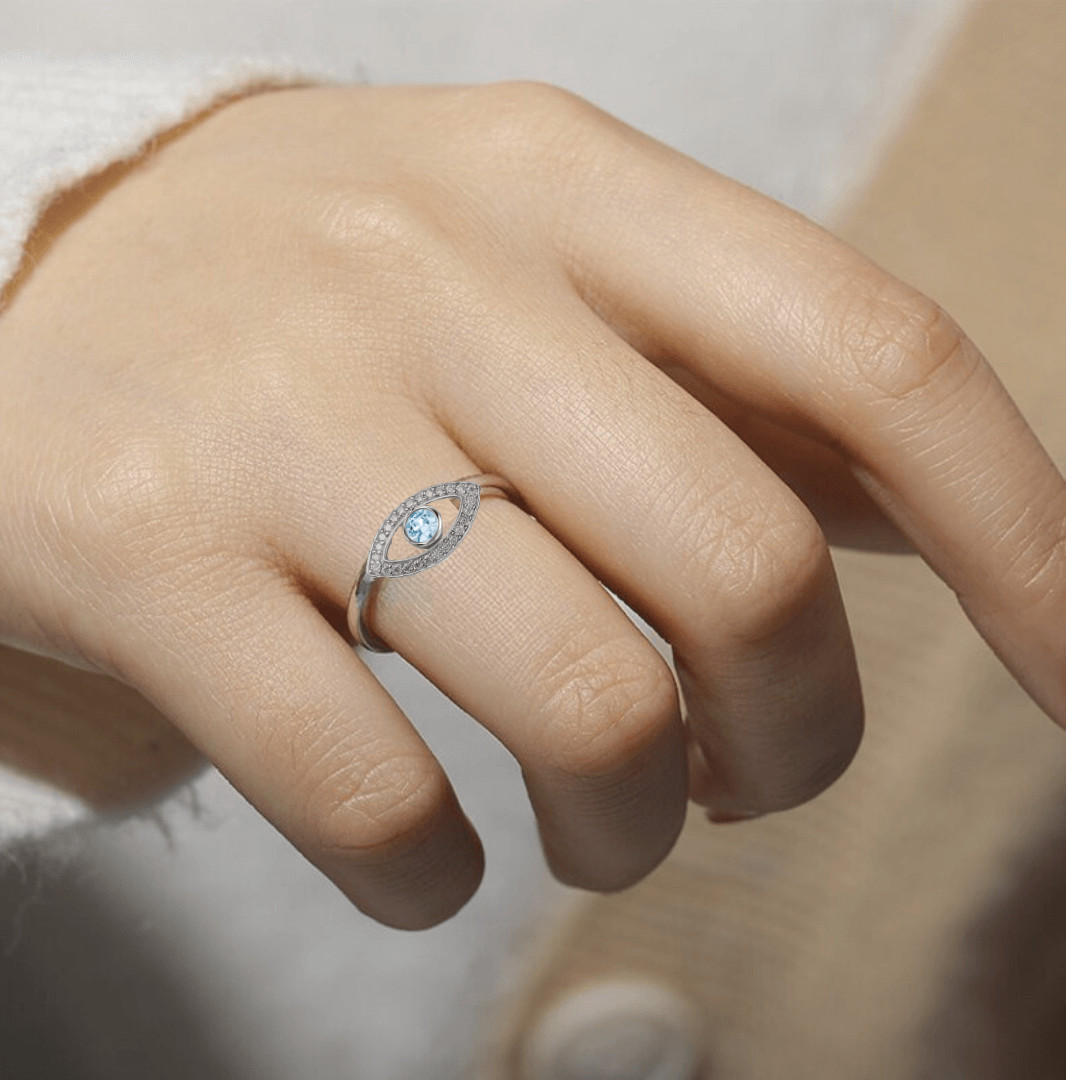 Natural Blue Topaz Protection Ring with Moissanite Accents 925 Sterling Silver Ring Evil Eye Best Guardian Ring