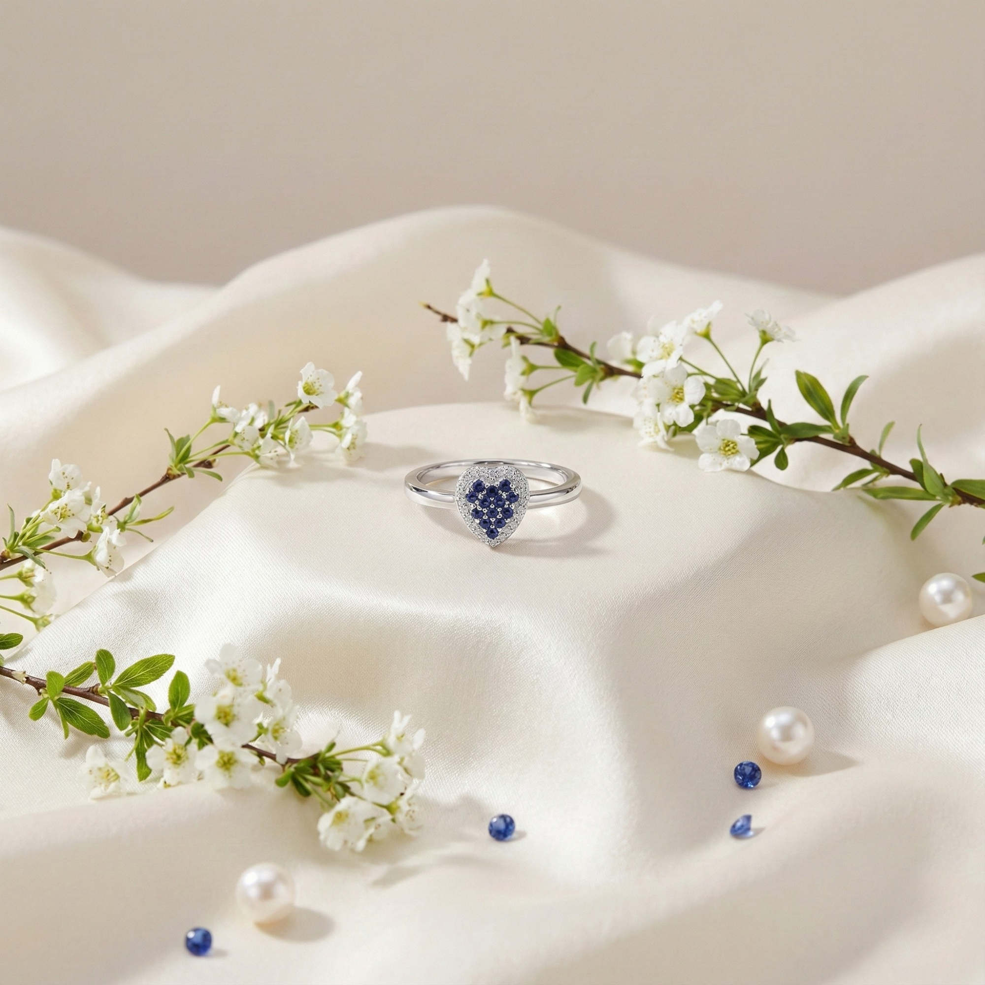 Anillo de corazón de moda con zafiro azul