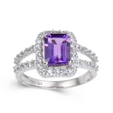 Amethyst Split Band Emerald Cut Ring, amethyst and white topaz ring, topaz sterling silver ring