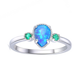 Blue Opal Three Stone Teardrop Ring, emerald oval ring for women, sterling silver opal ring 