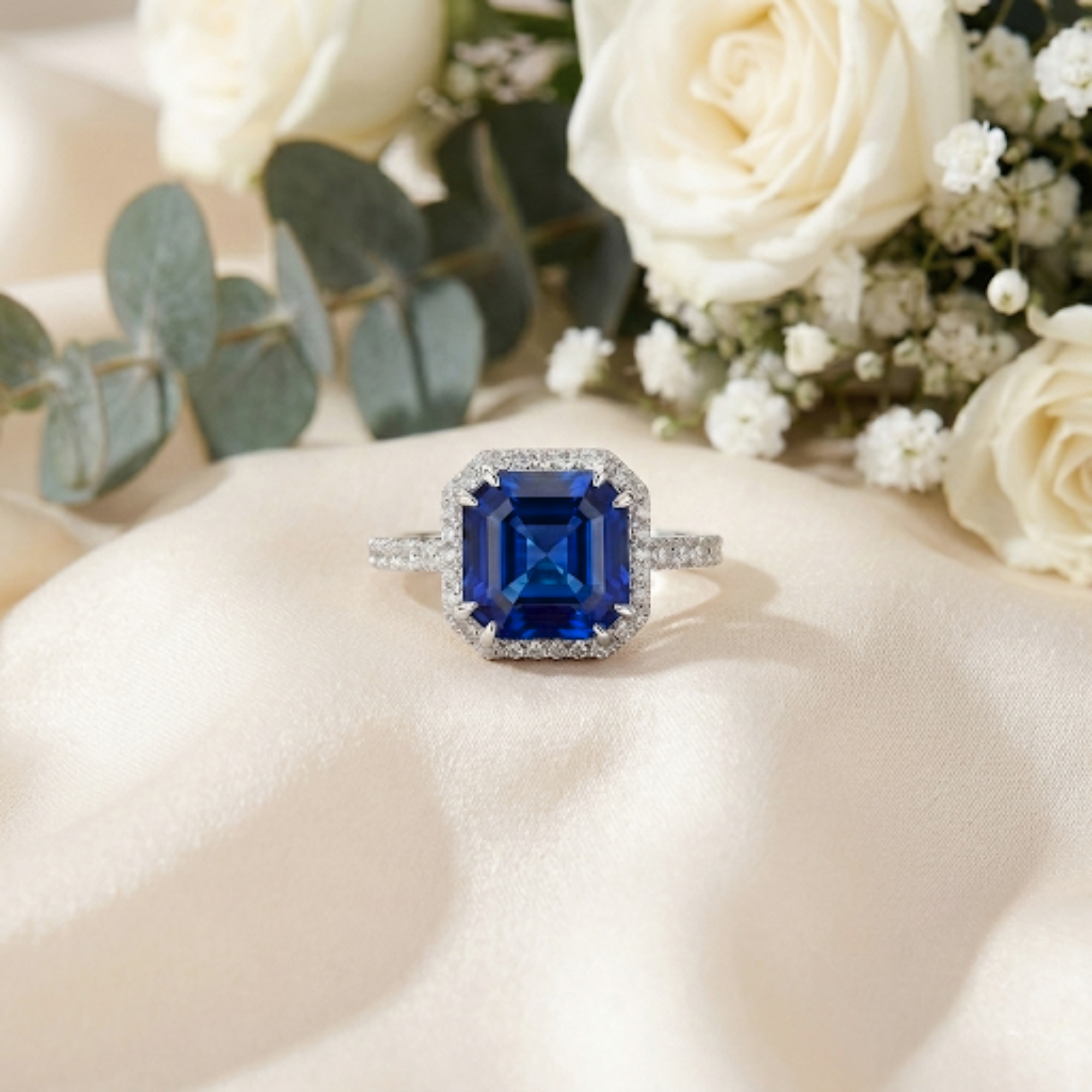 Ceylon Sapphire Asscher Cut Halo Ring