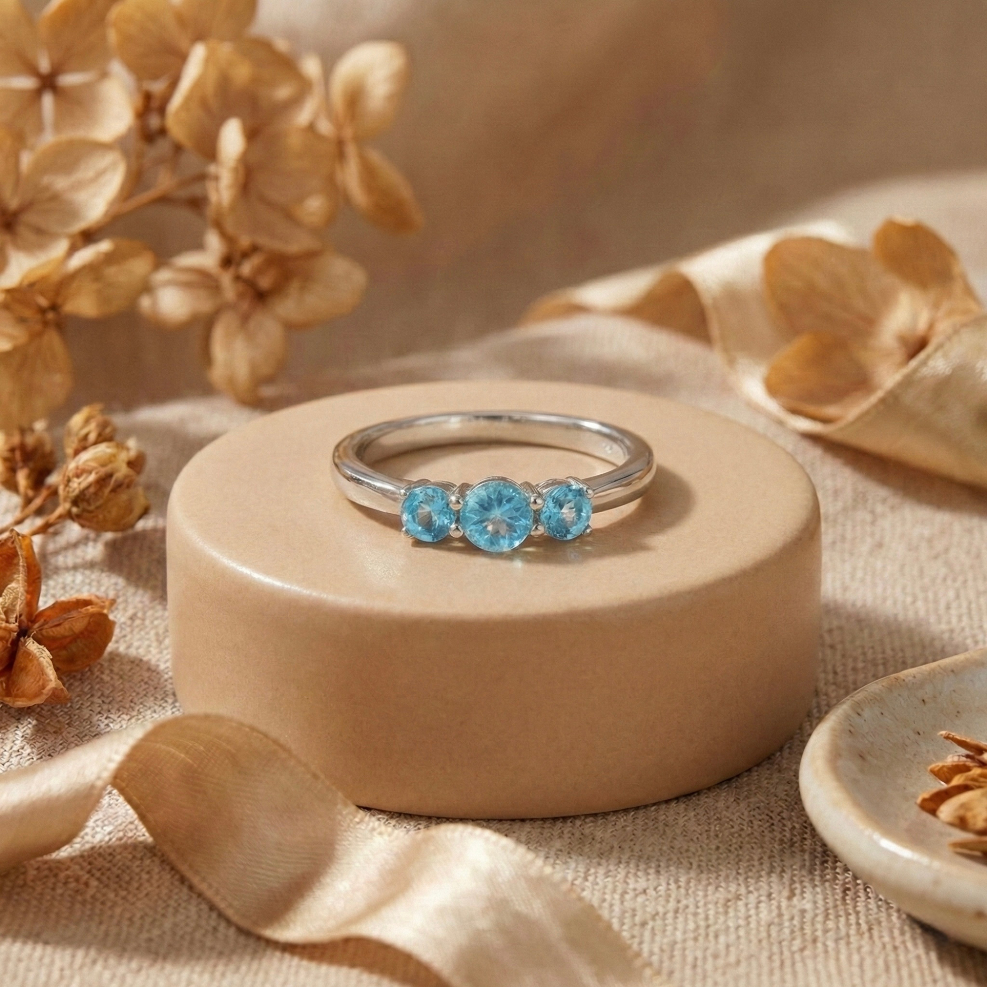 Bague à trois pierres en apatite Paraiba bleue naturelle