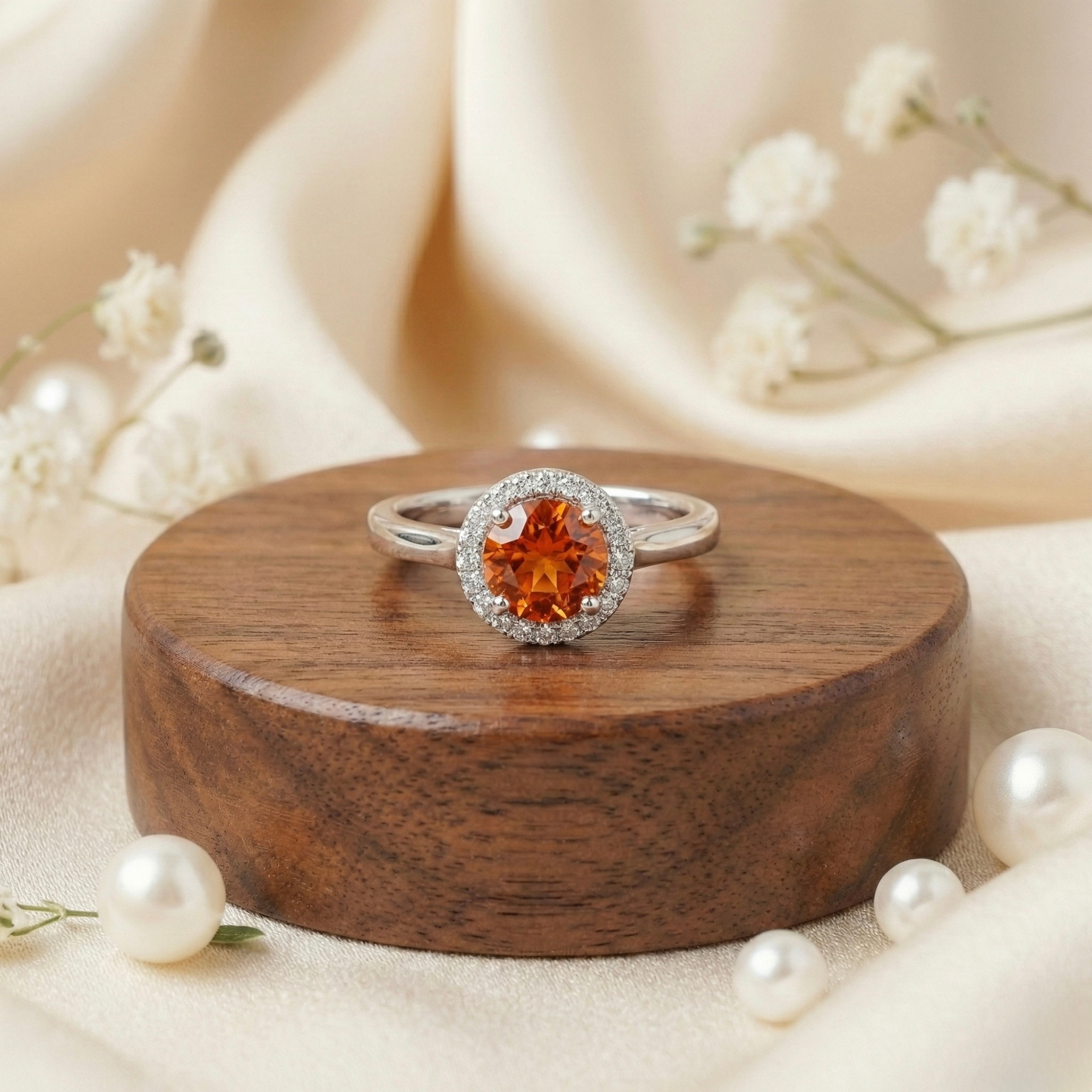 Peach Sapphire Round Halo Ring