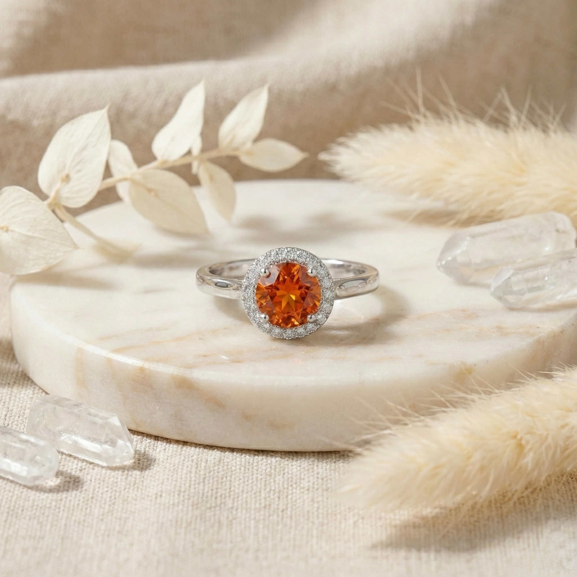 Peach Sapphire Round Halo Ring