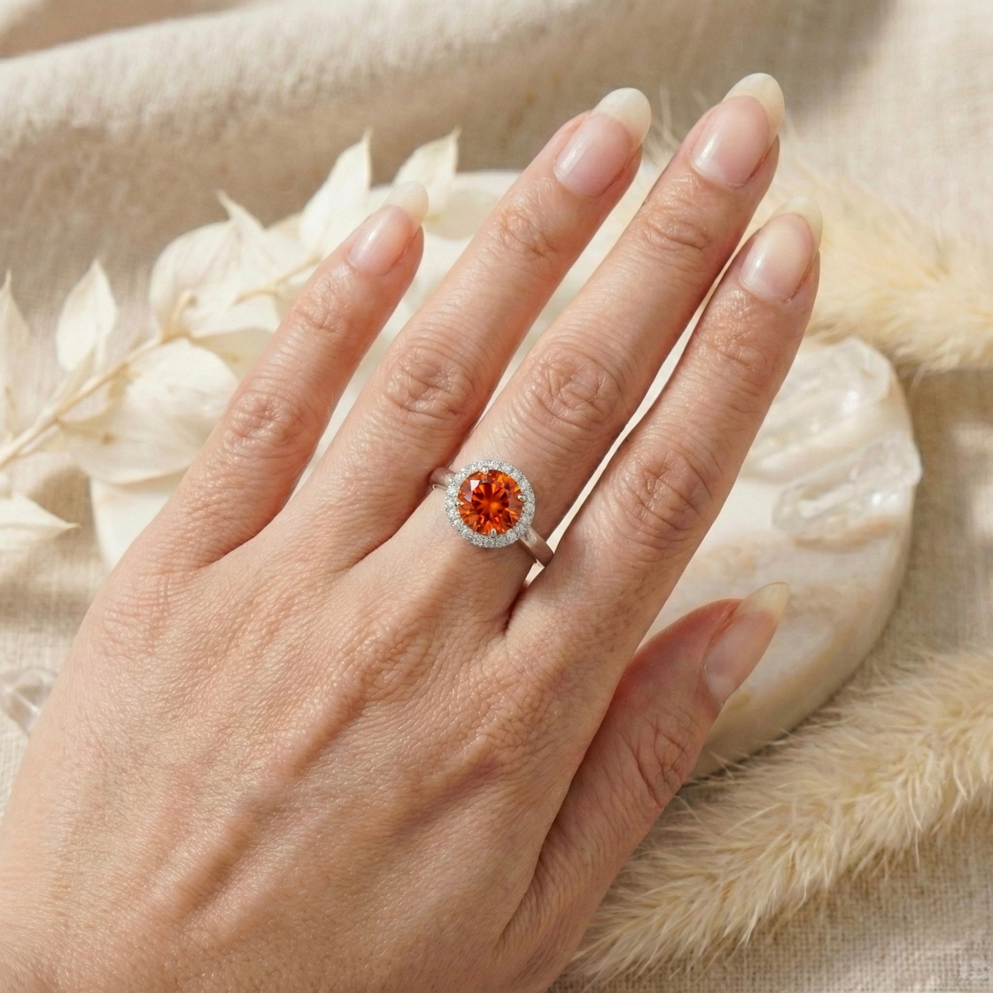 Peach Sapphire Round Halo Ring