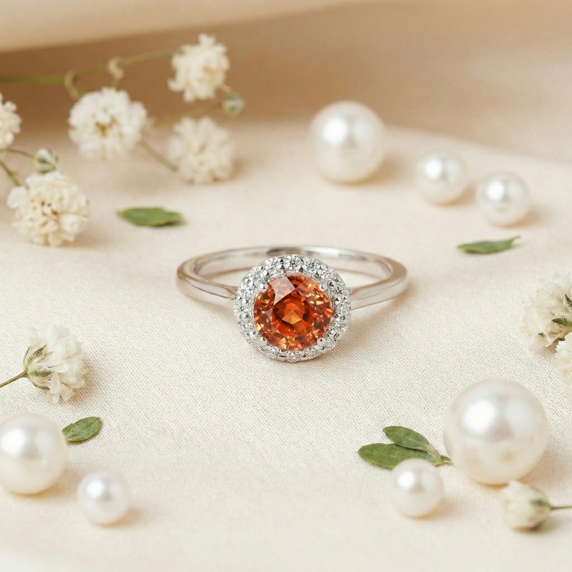Peach Sapphire Round Halo Ring