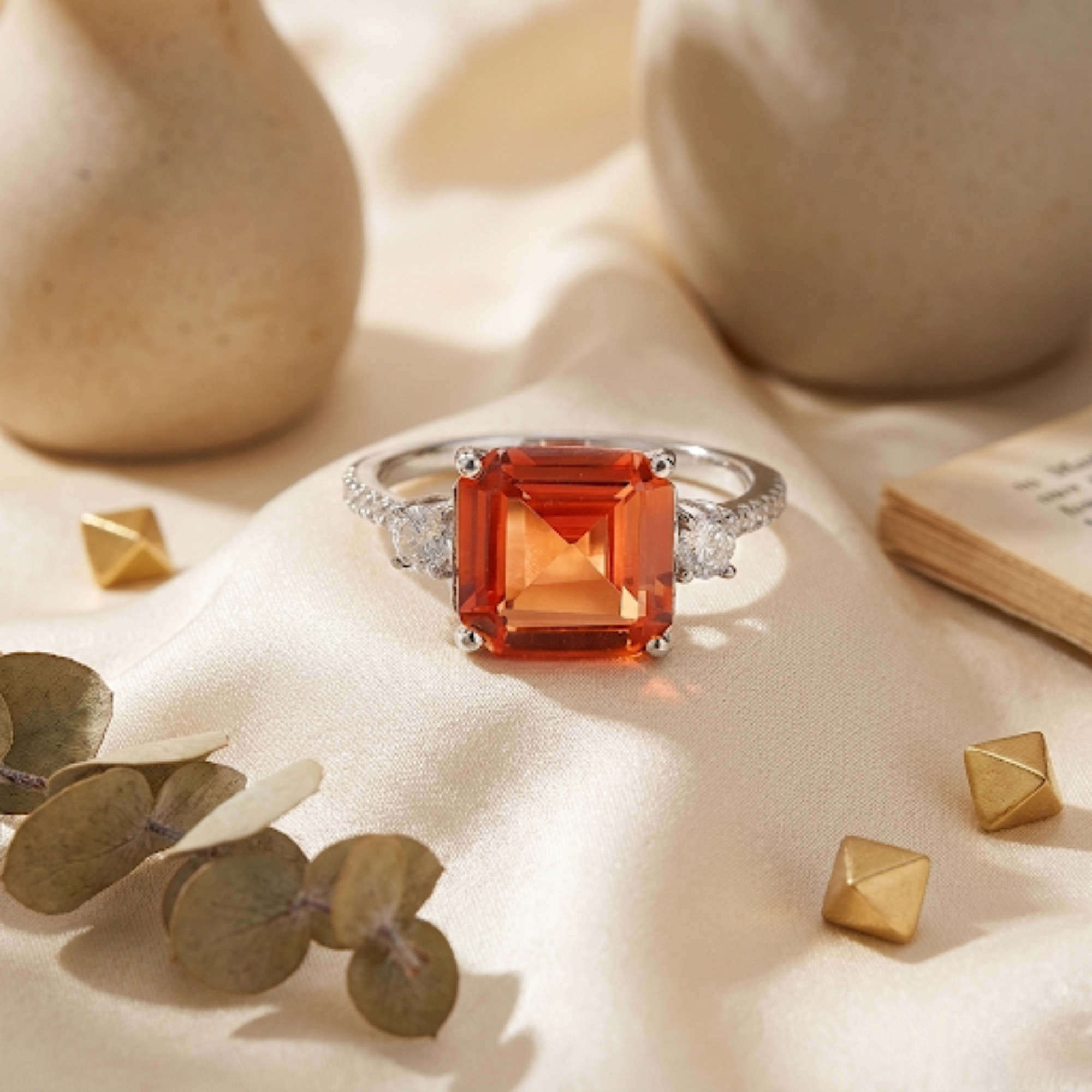 Peach Sapphire Three Stone Ring