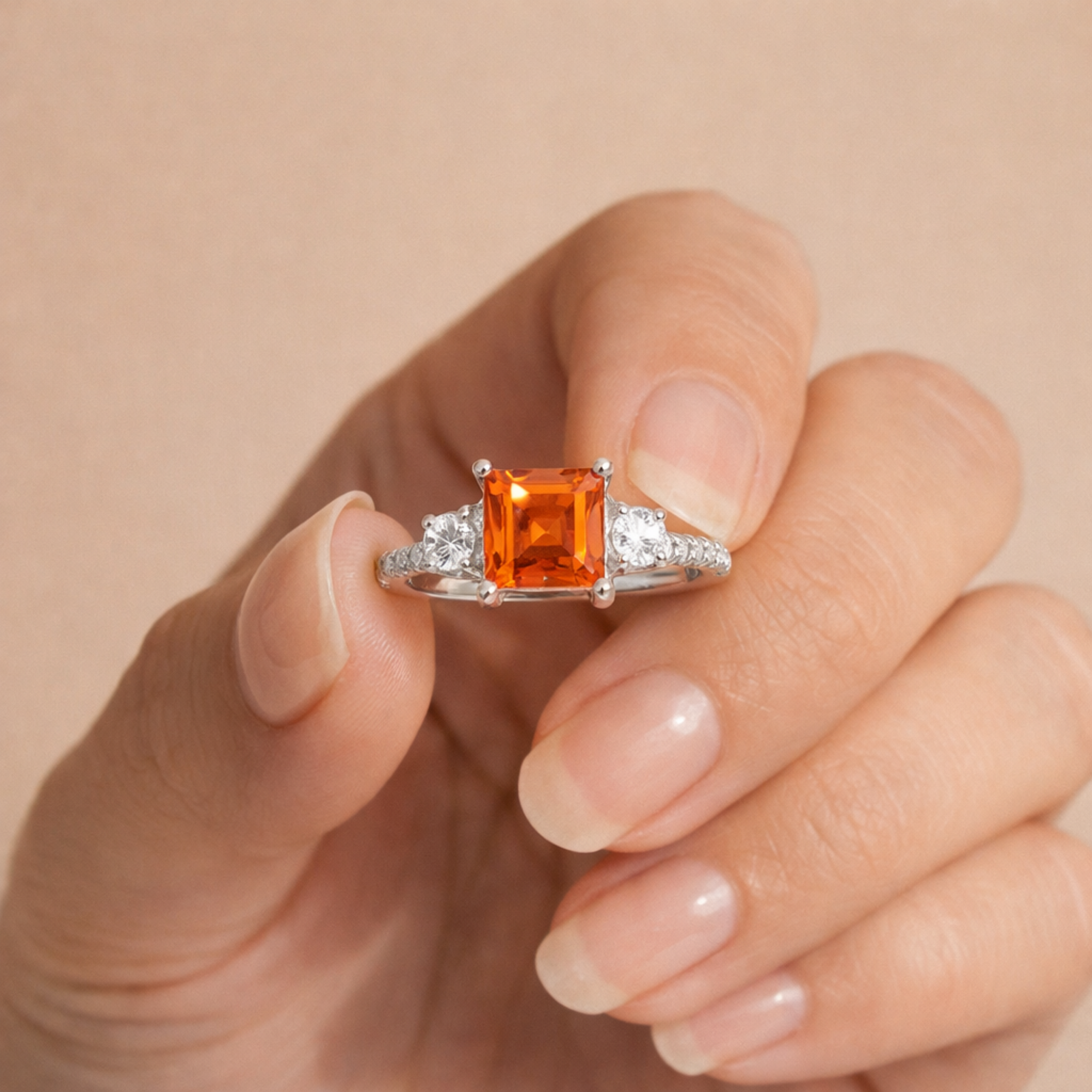 Anillo de tres piedras con zafiro melocotón