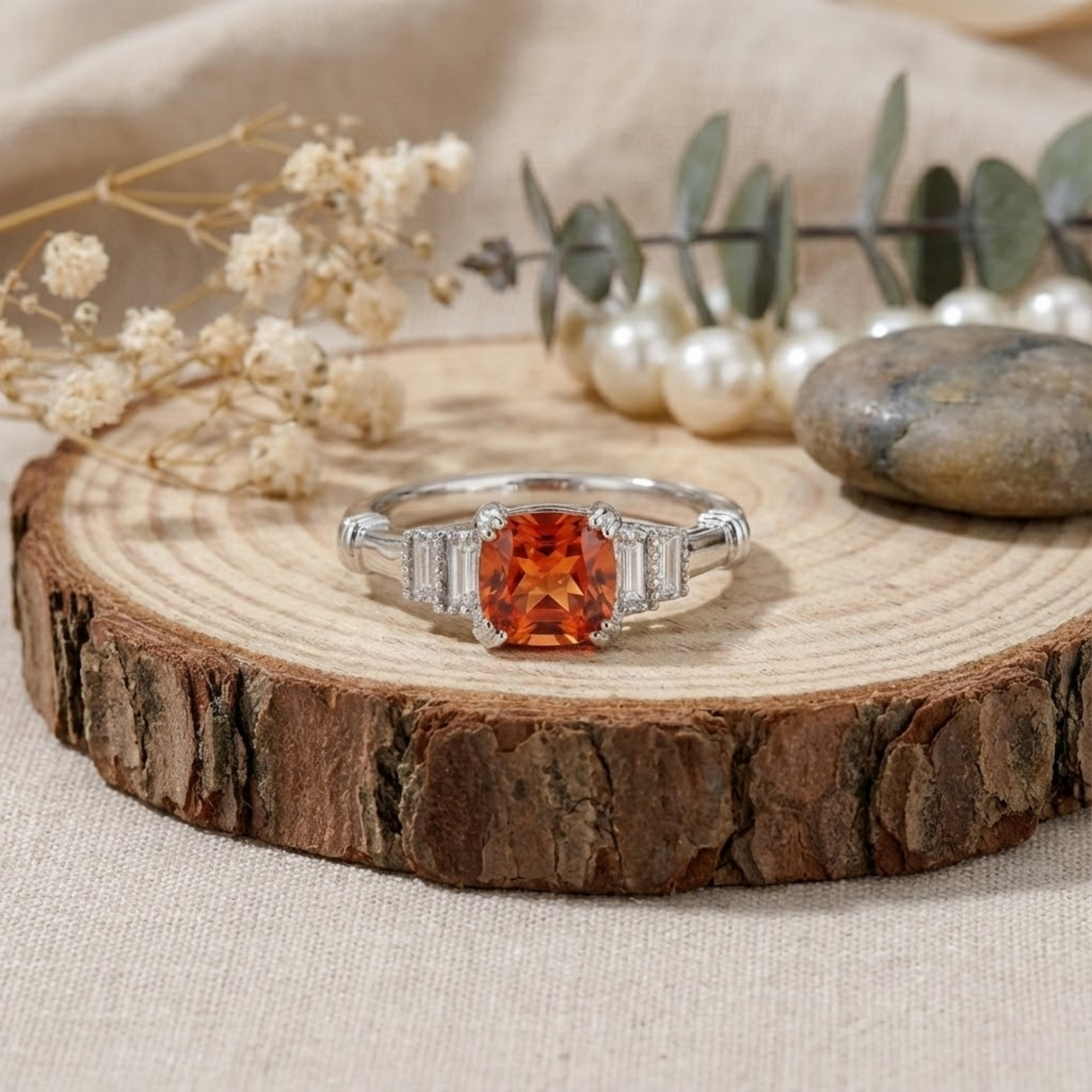 Anillo de cinco piedras con zafiro color melocotón