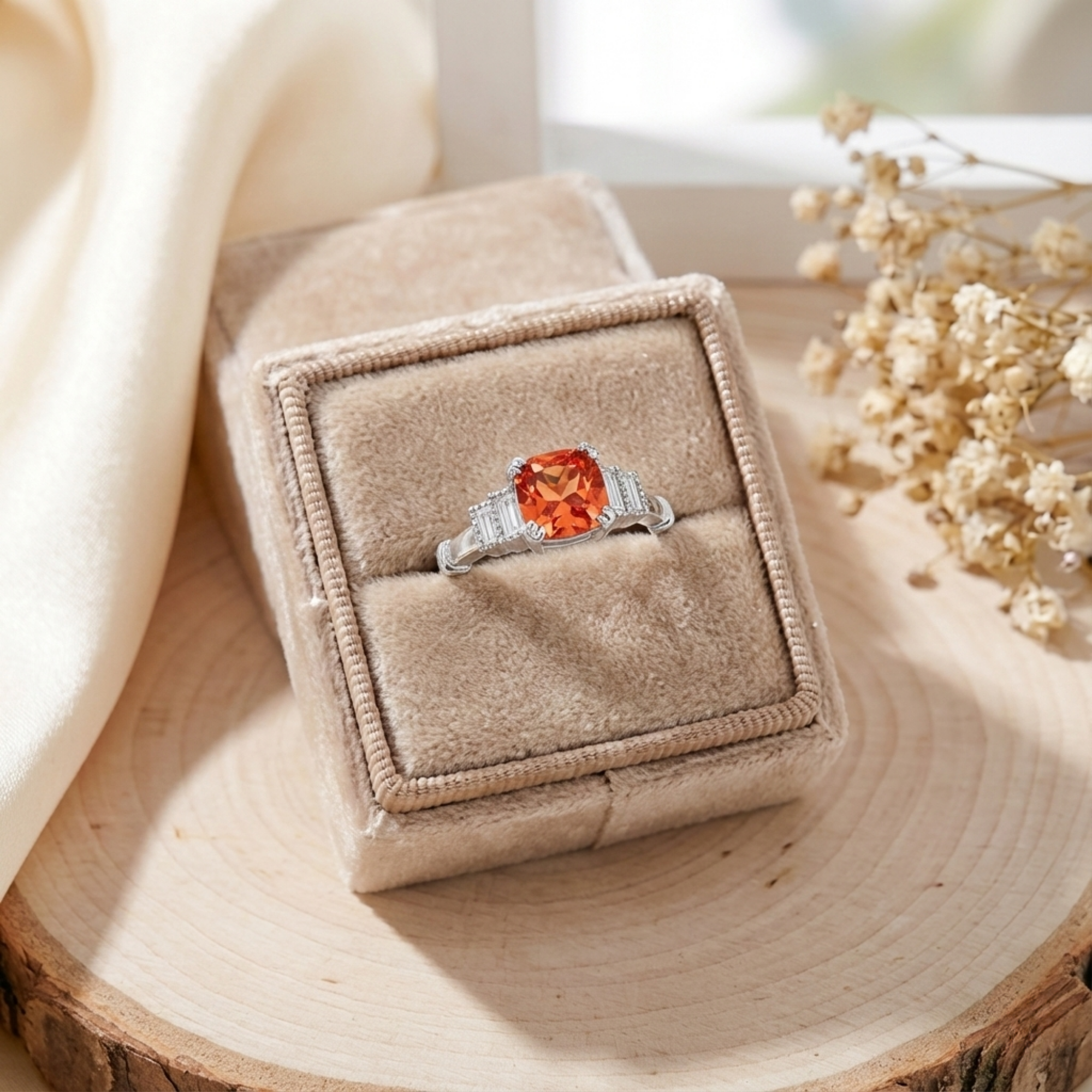 Anillo de cinco piedras con zafiro color melocotón