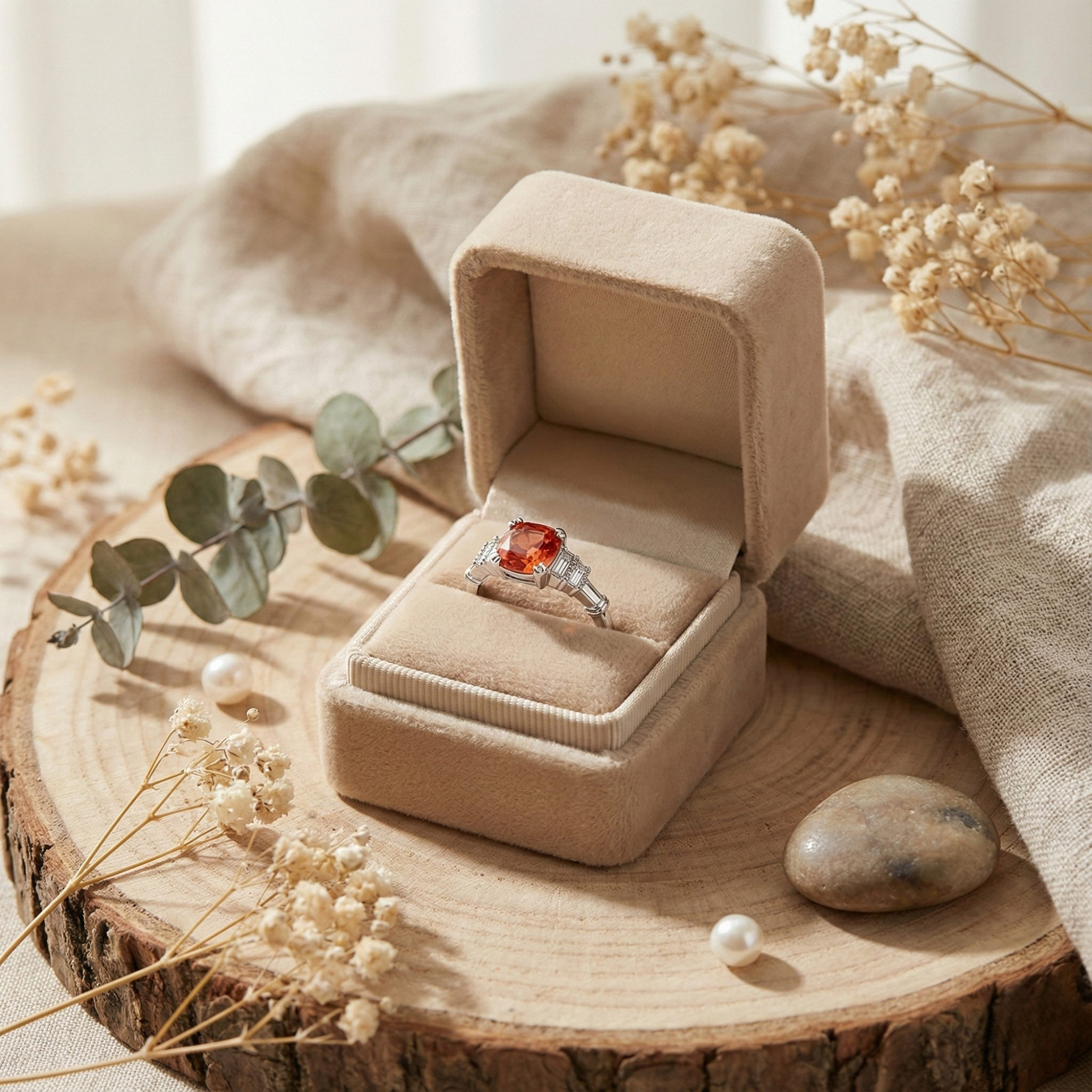 Anillo de cinco piedras con zafiro color melocotón