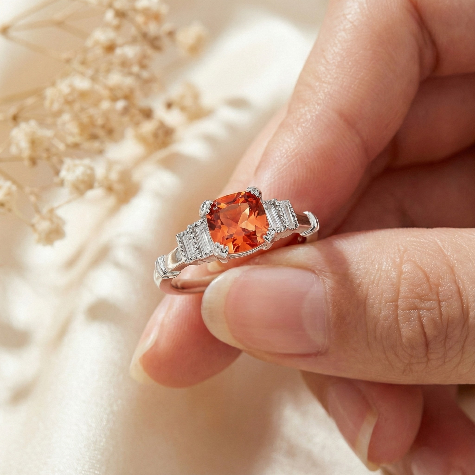 Anillo de cinco piedras con zafiro color melocotón