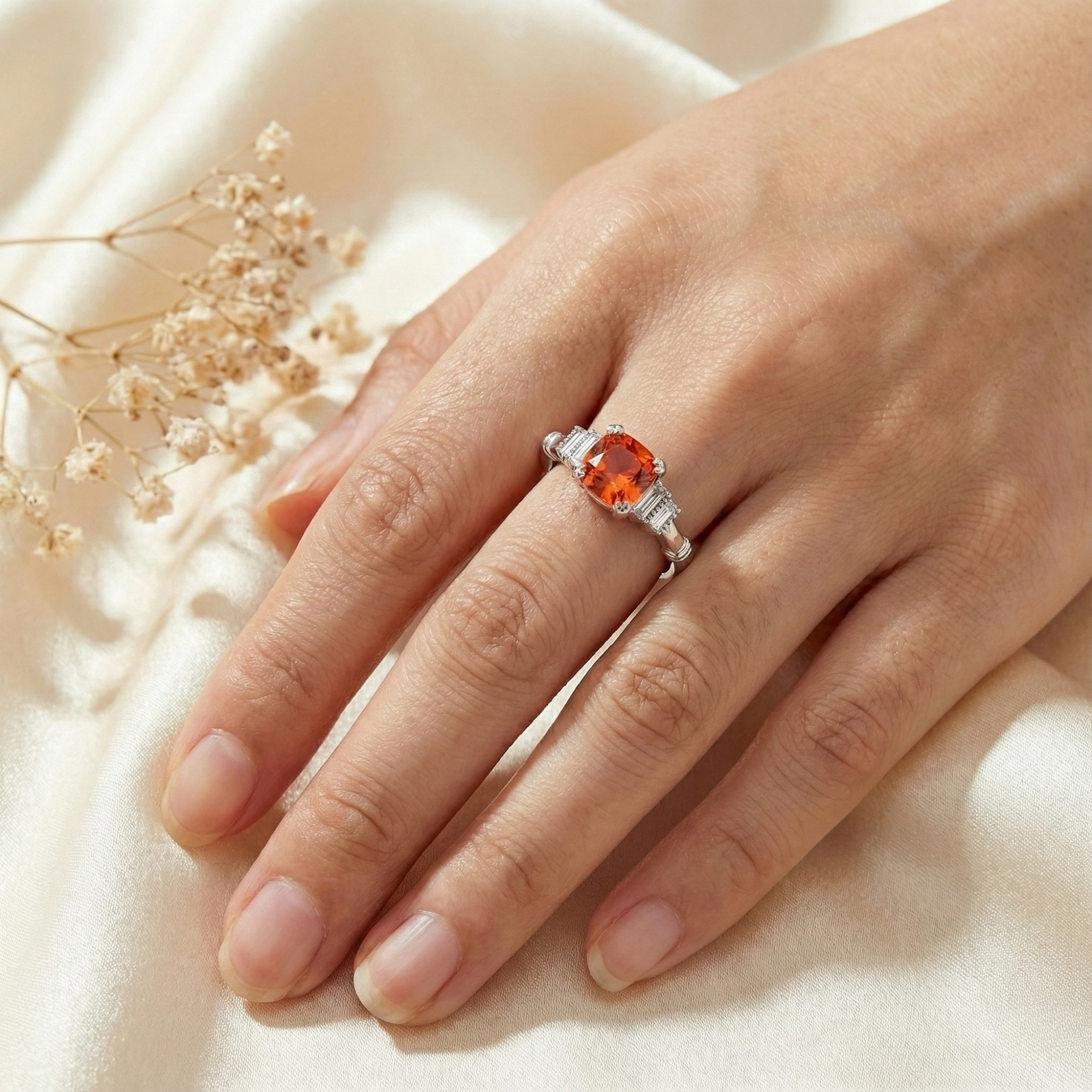 Anillo de cinco piedras con zafiro color melocotón