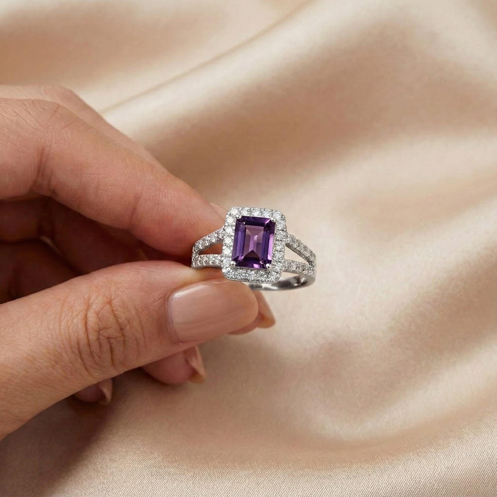 Natural Amethyst Octagon Halo Ring