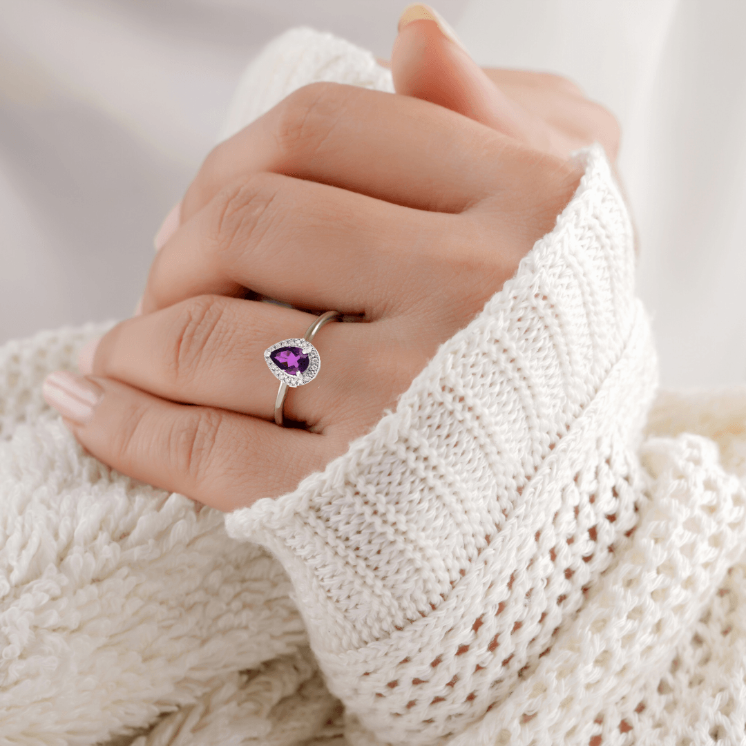 Natural Amethyst Teardrop Halo Ring Fine Color Jewels amethyst promise ring, best gift for girls, best gift for women, Christmas gift, dla-dm-discount-all-154898, February Birthstone, gift for her, Gift for Mom, gift for women, gift from daughter, gift ideas for her, gifts for her, Mother's Day Gift, New Year gift, purple gemstone ring, Teardrop halo ring , Valentine's Day gift