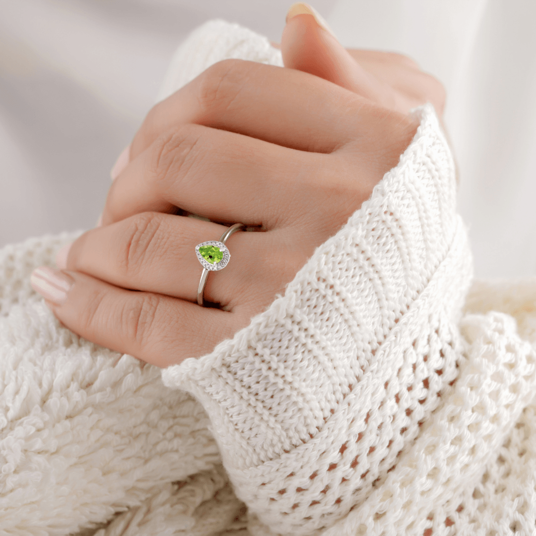 Natural Green Peridot Teardrop Halo Ring Fine Color Jewels