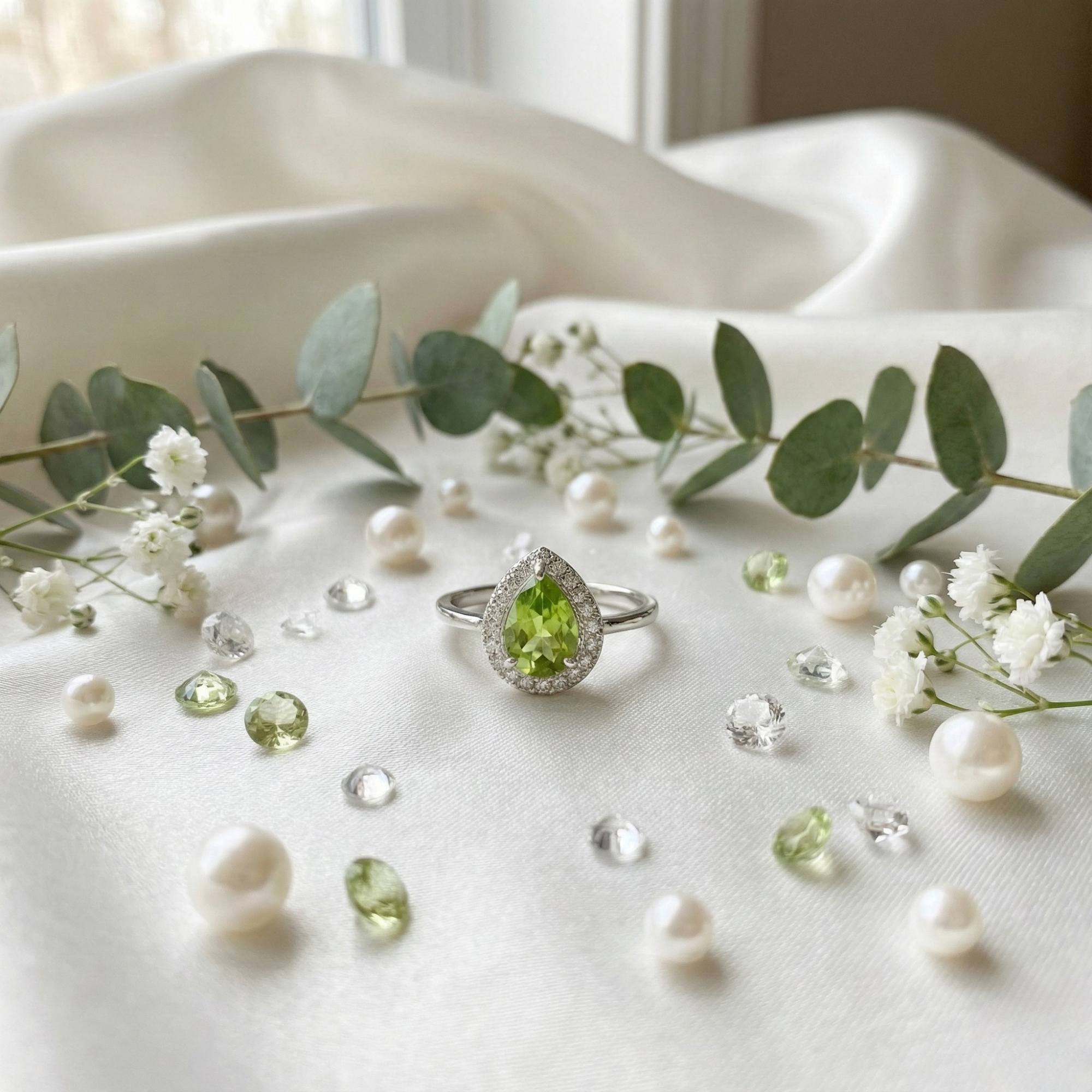 Natural Green Peridot Teardrop Halo Ring Fine Color Jewels