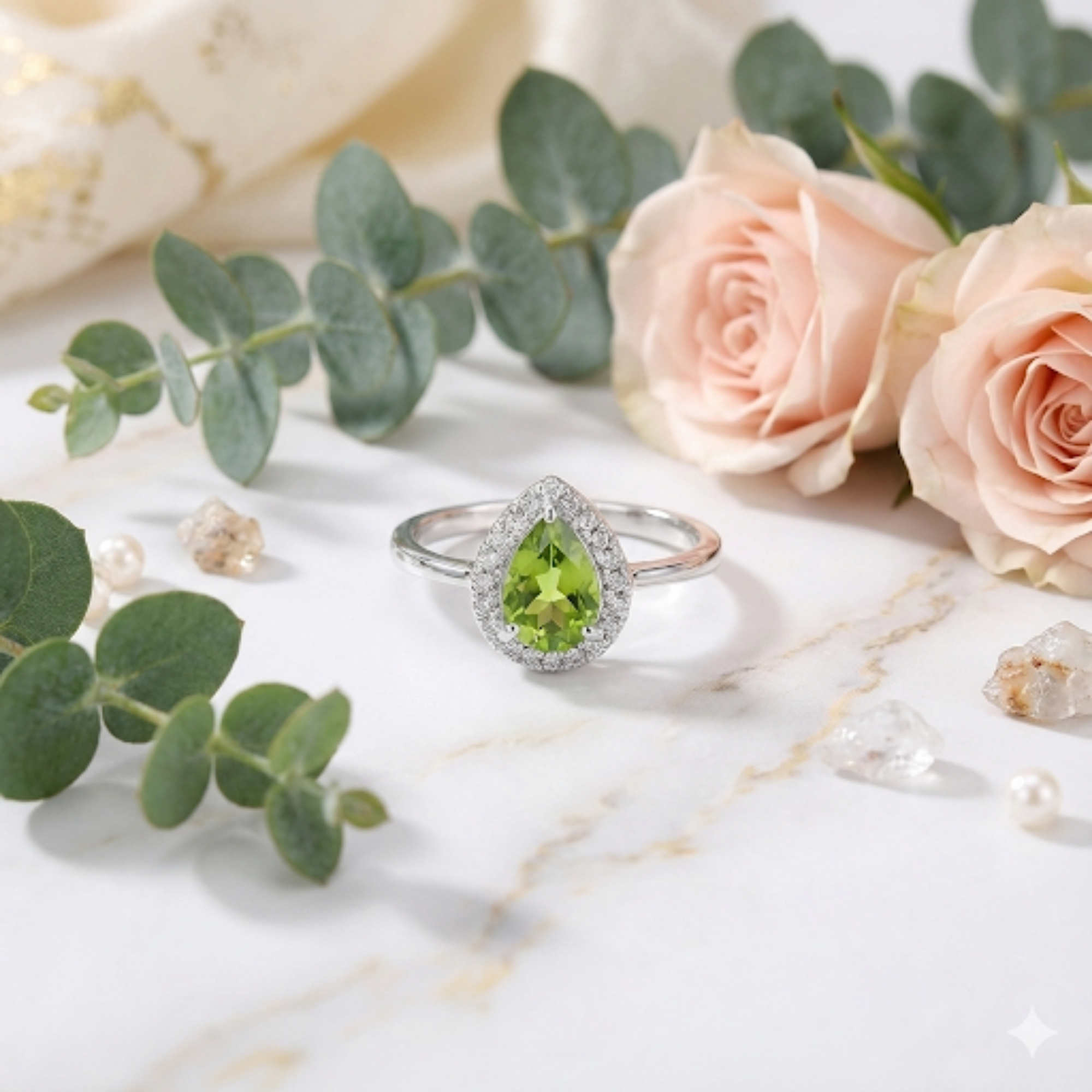 Natural Green Peridot Teardrop Halo Ring Fine Color Jewels