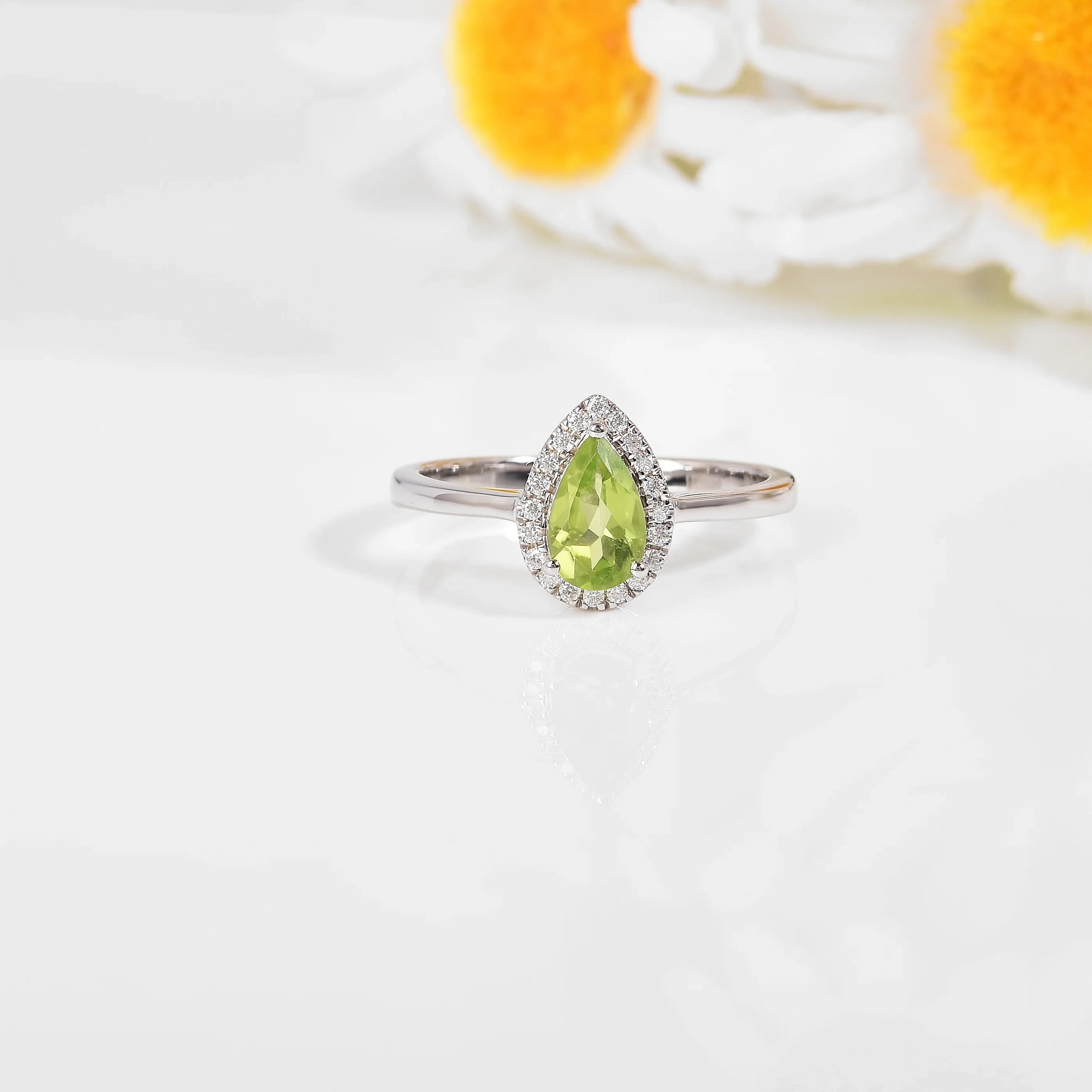 Natural Green Peridot Teardrop Halo Ring
