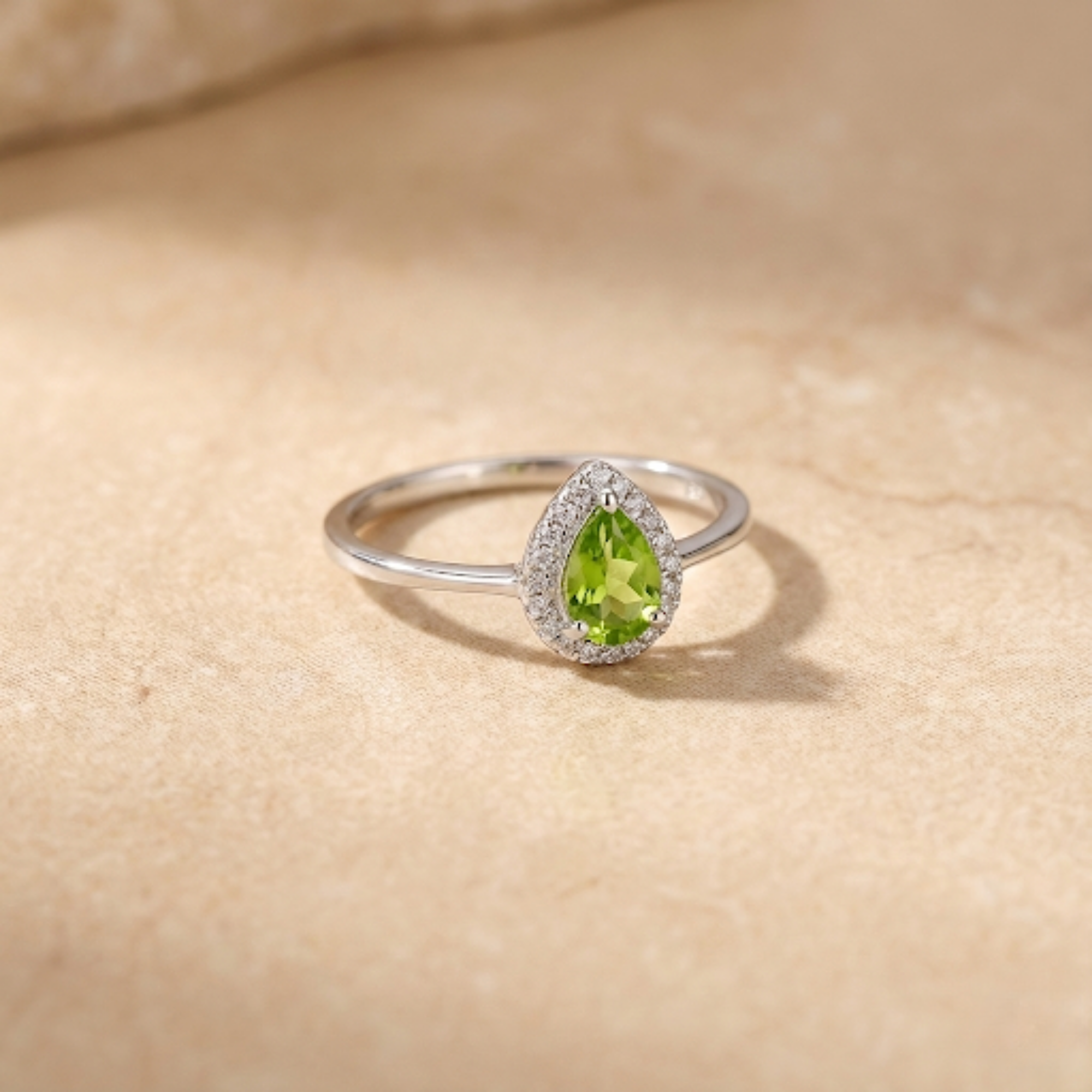 Natural Green Peridot Teardrop Halo Ring Fine Color Jewels