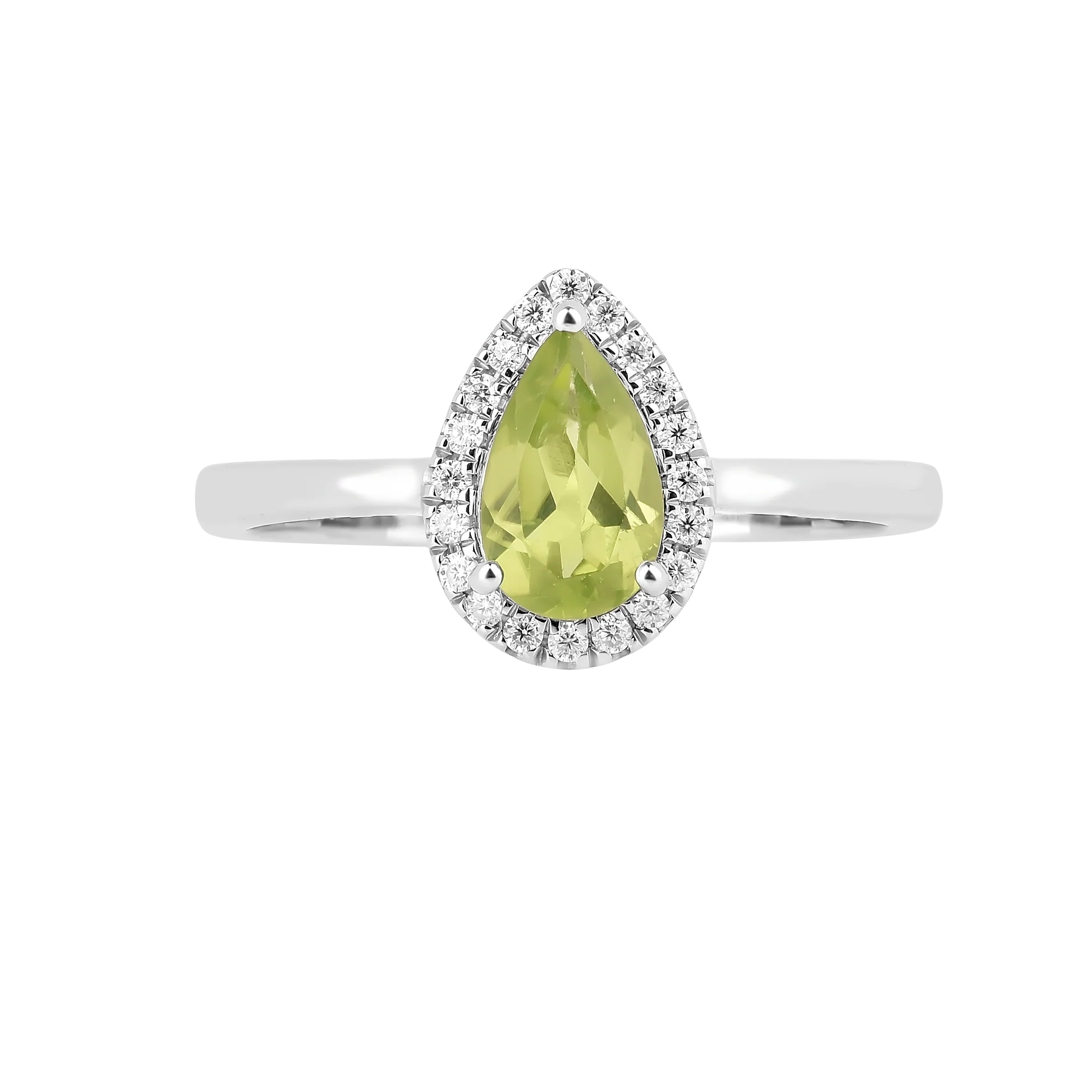 Natural Green Peridot Teardrop Halo Ring