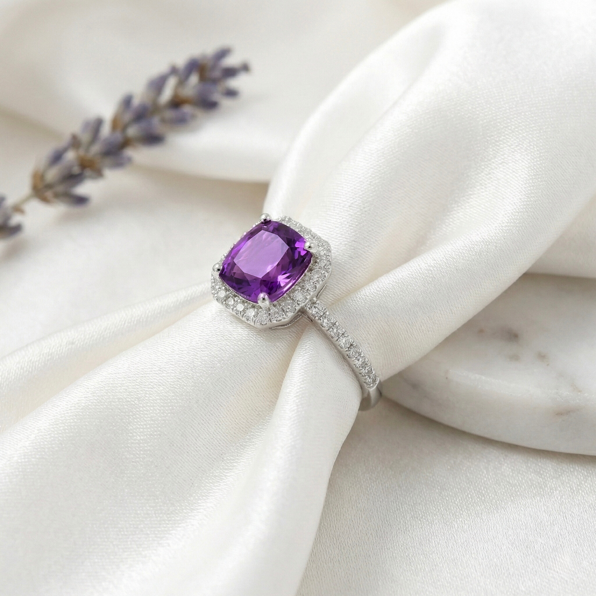 Natural Amethyst Cushion Halo Ring