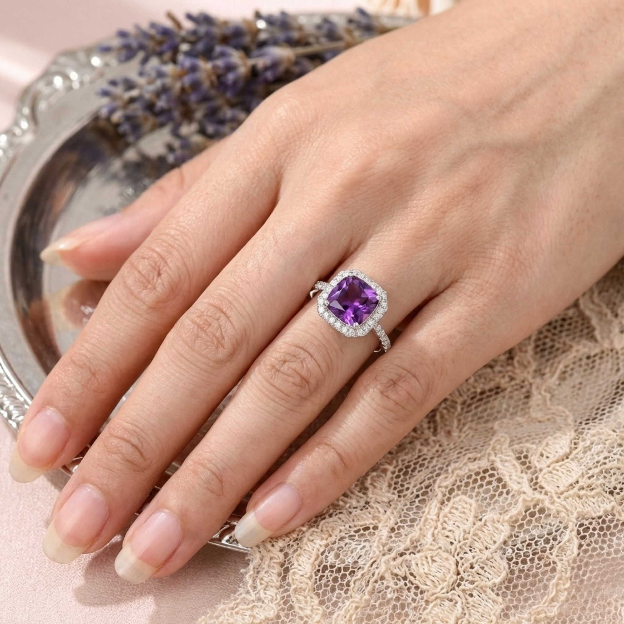Natural Amethyst Cushion Halo Ring
