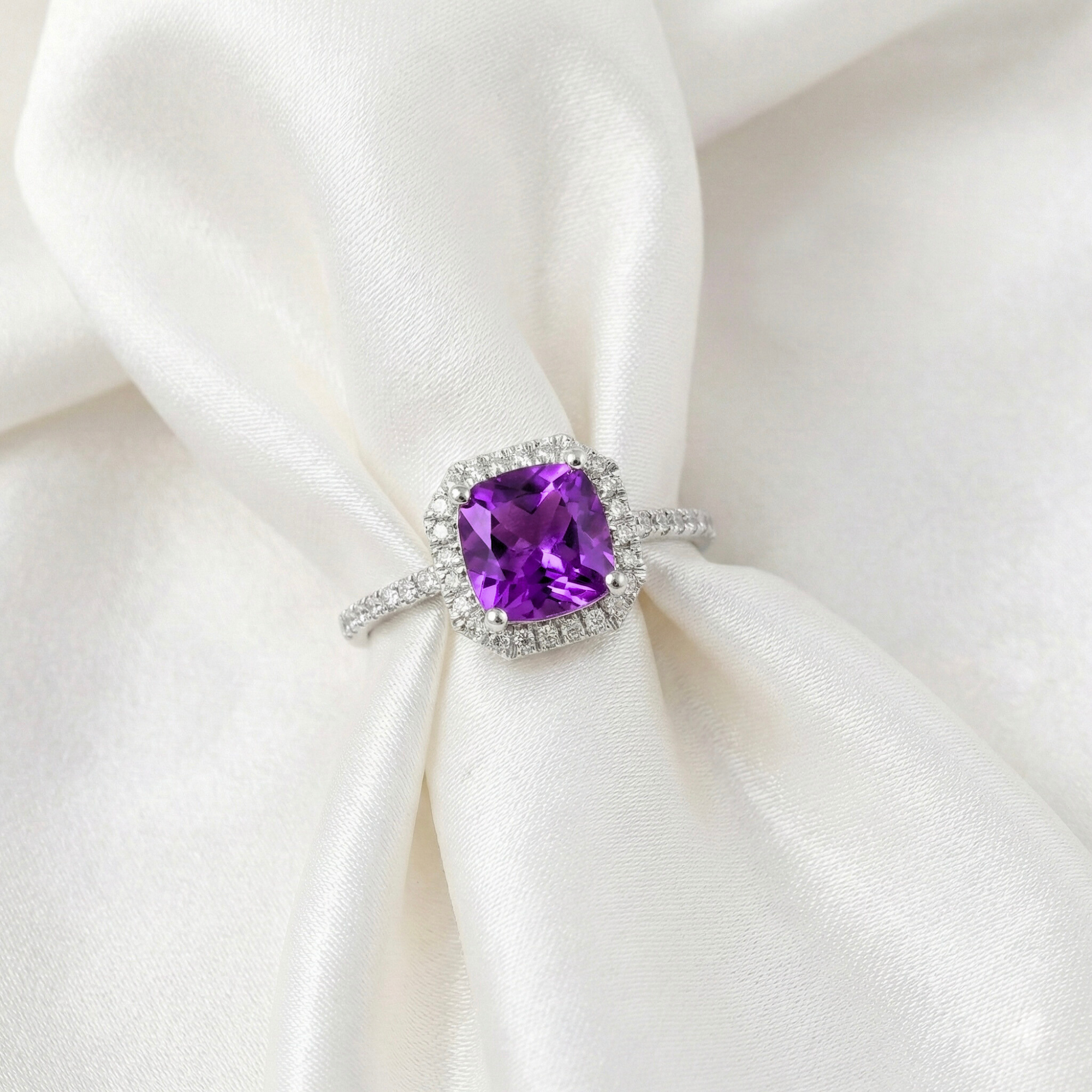Natural Amethyst Cushion Halo Ring
