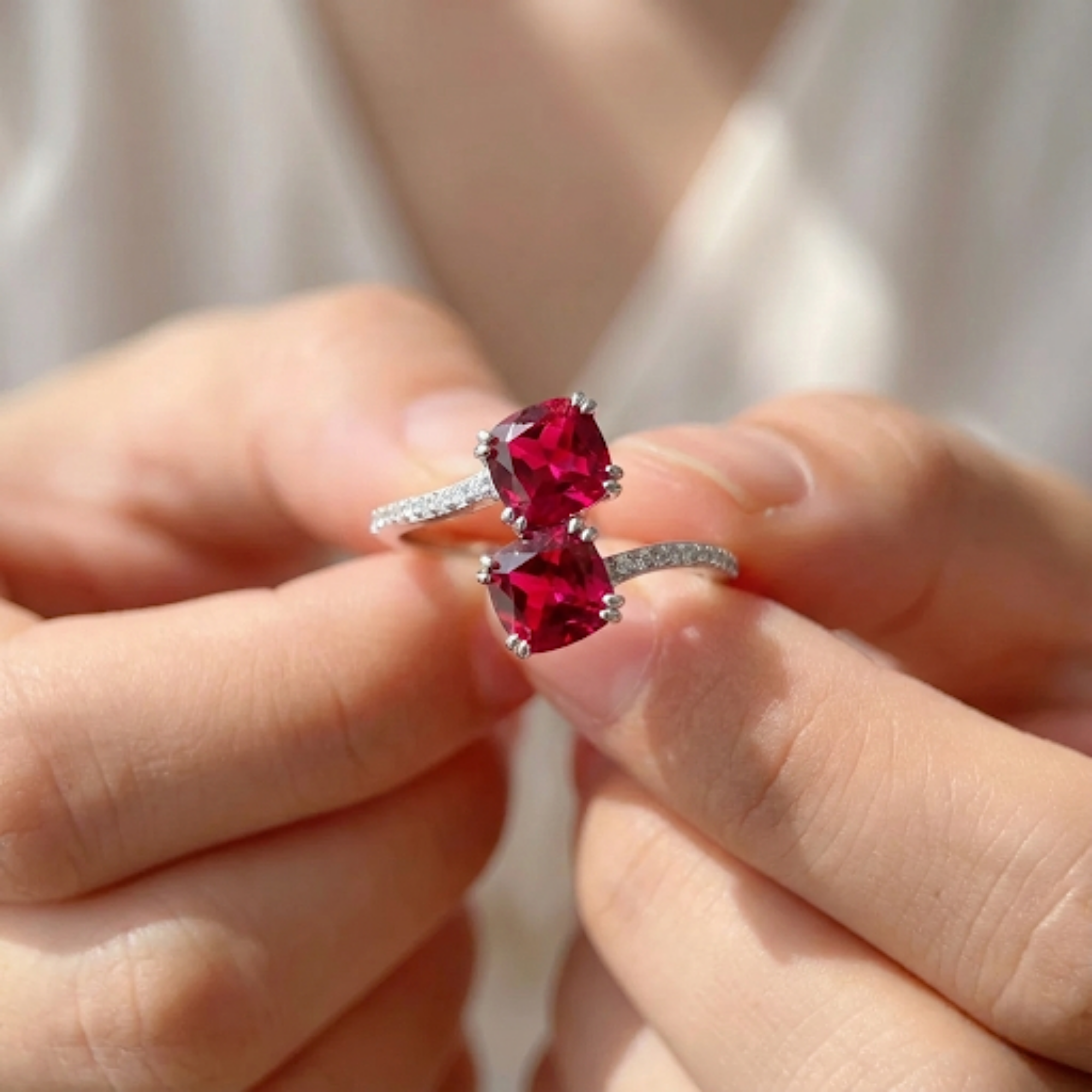 Lab Grown Ruby Bypass Dual Stone Ring Fine Color Jewels