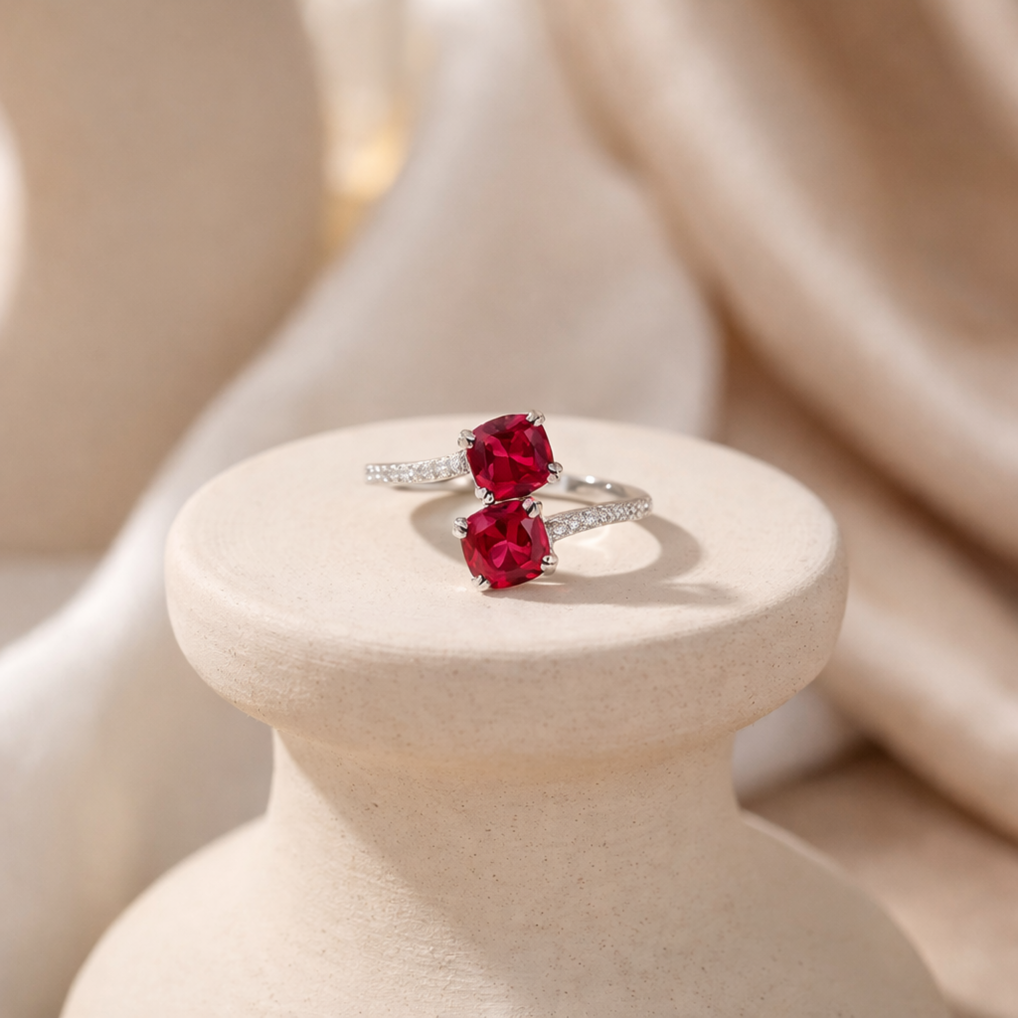 Lab Grown Ruby Bypass Dual Stone Ring Fine Color Jewels