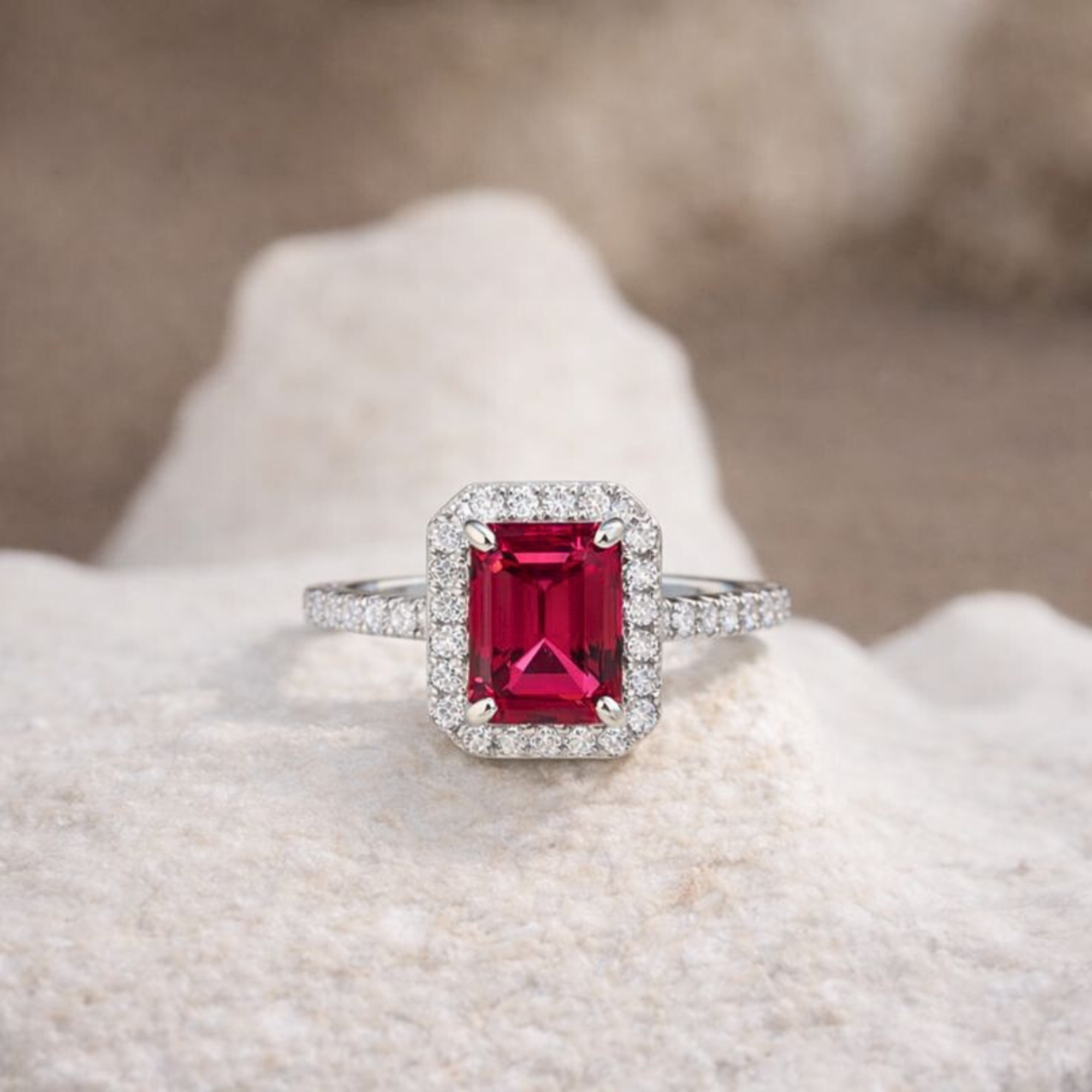 Bague octogonale en rubis cultivé en laboratoire