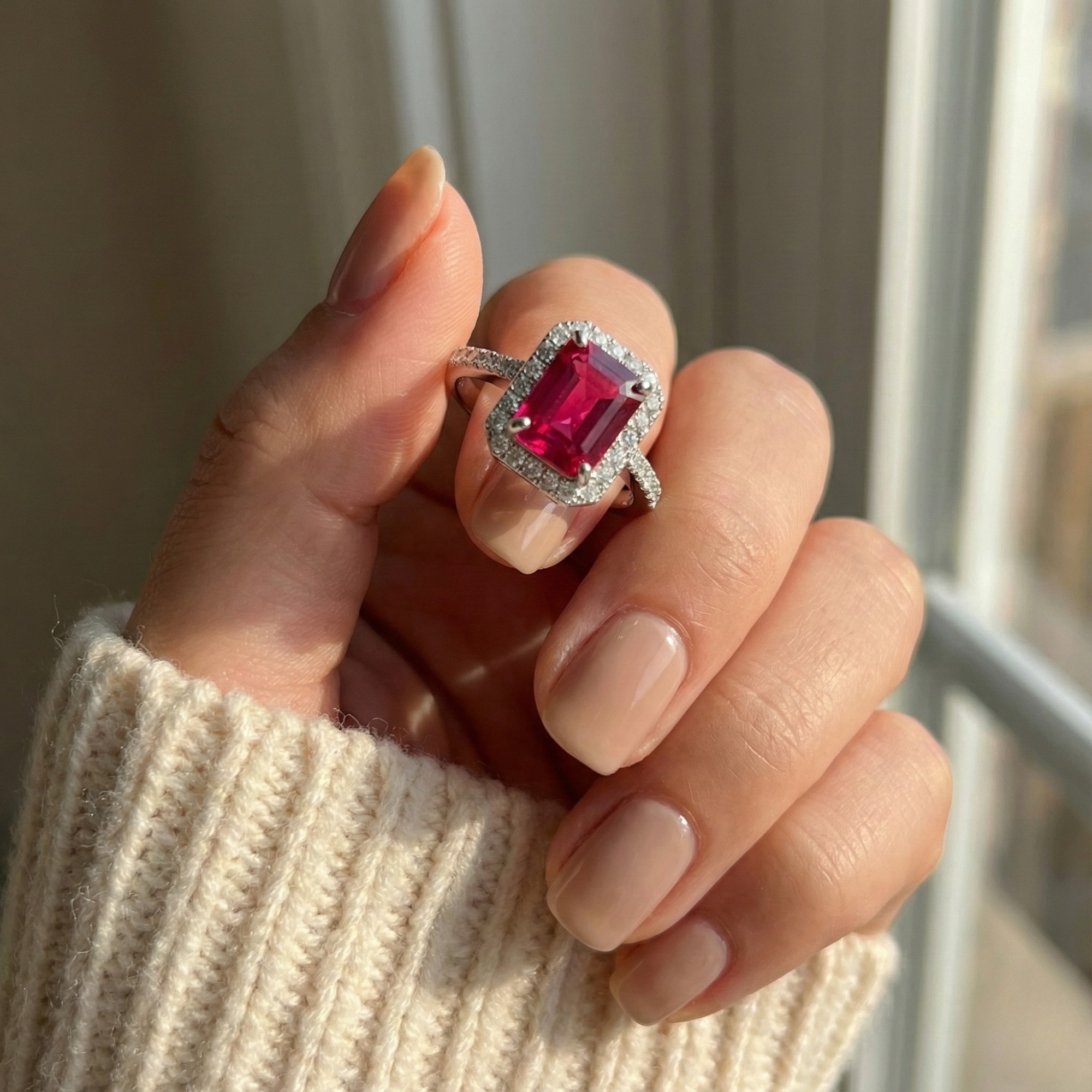 Bague octogonale en rubis cultivé en laboratoire