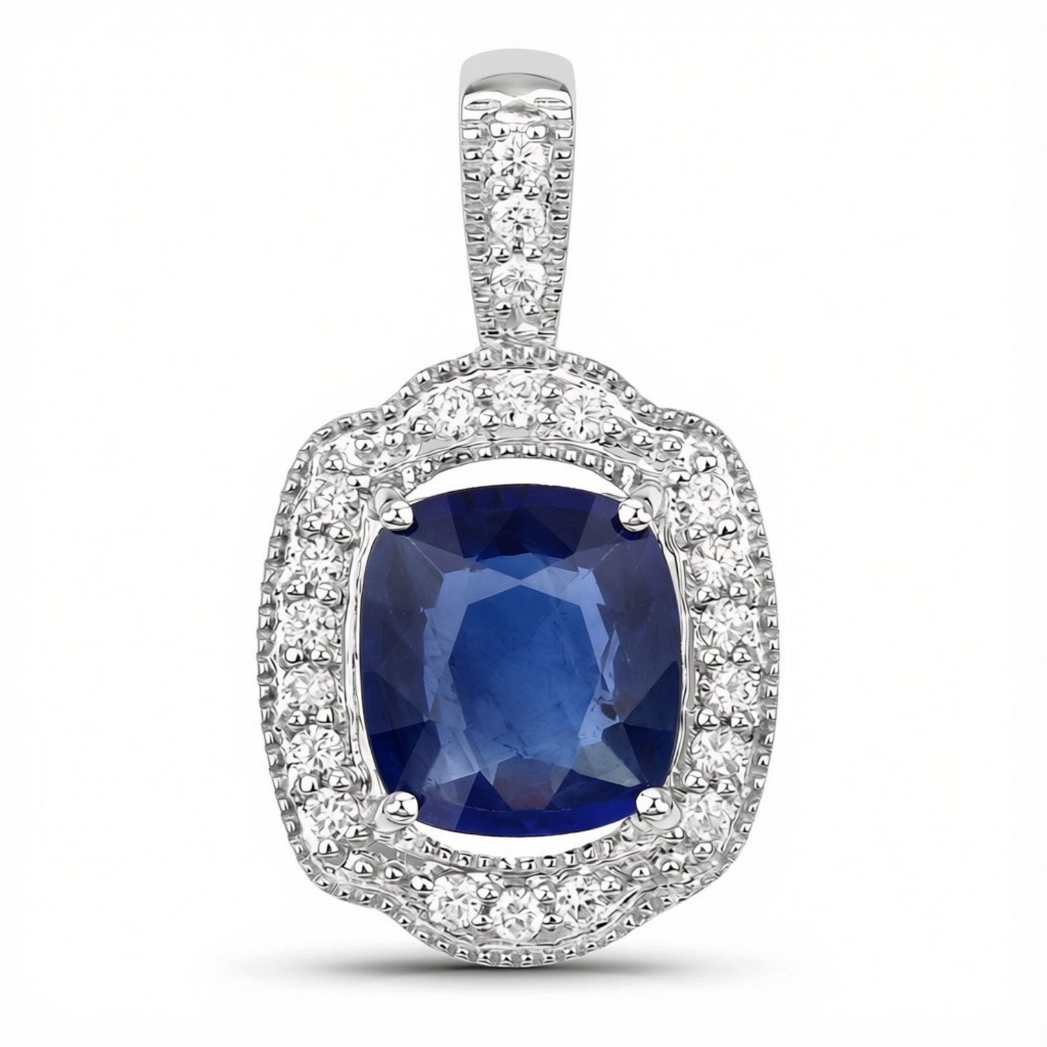 2.53 Ct Genuine Cushion Ceylon Blue Sapphire and Diamond 18K White Gold Halo Pendant Only