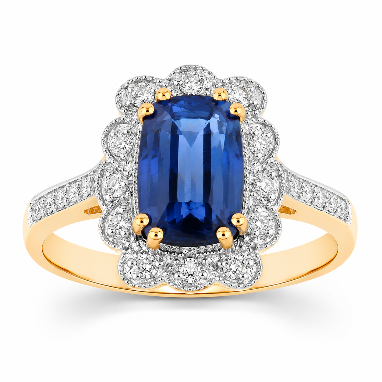 3.21 Ct Cushion Ceylon Blue Sapphire and White Diamond Prong 18K Gold Halo Statement Ring