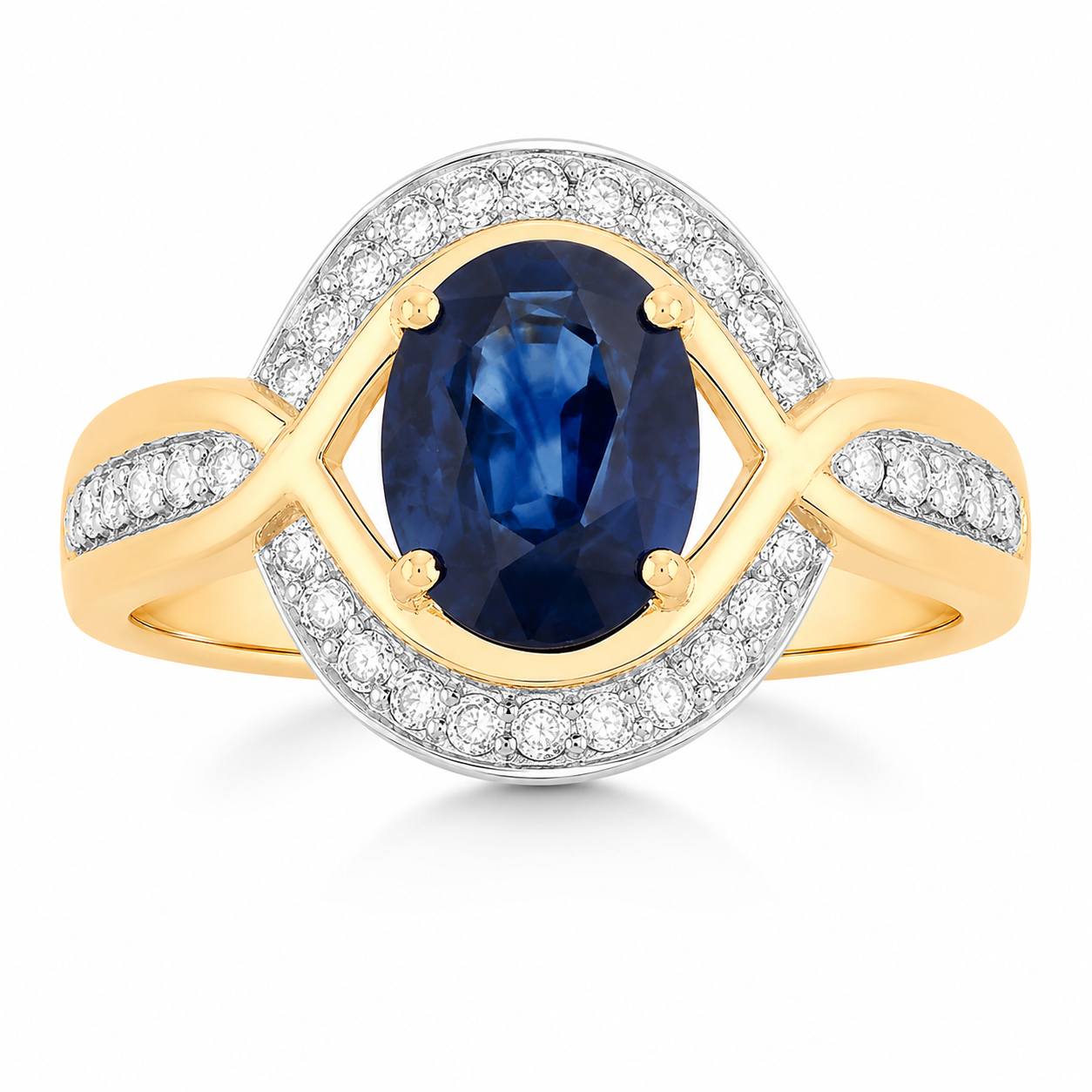 2.37 Ct Oval Ceylon Blue Sapphire and White Diamond Prong 18K Yellow Gold Halo Statement Ring