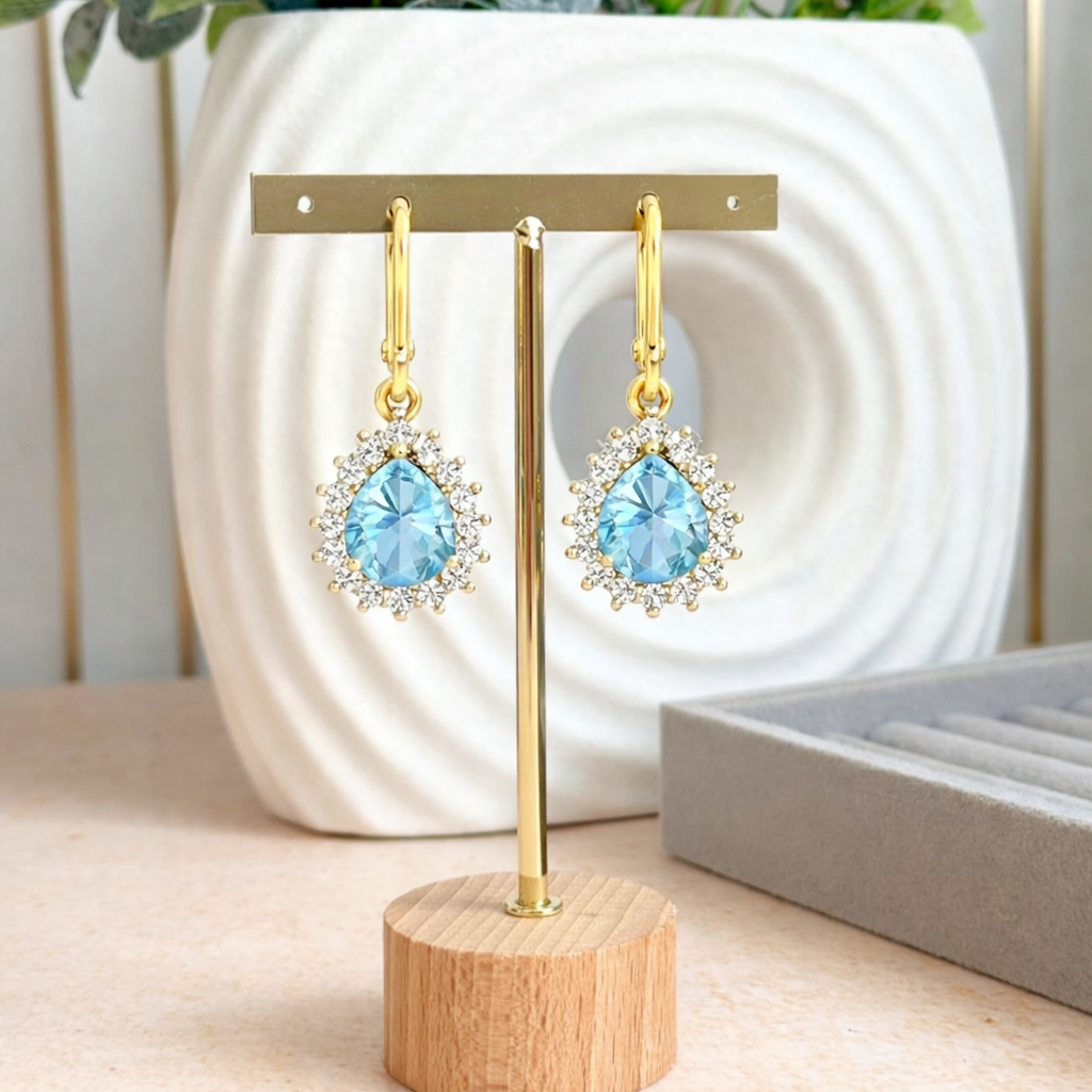Genuine Aquamarine and Diamond Teardrop Halo Earrings