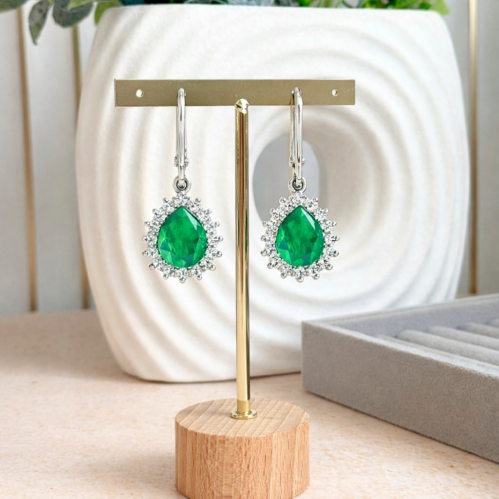 Genuine Zambian Emerald Diamond Dangle Earrings