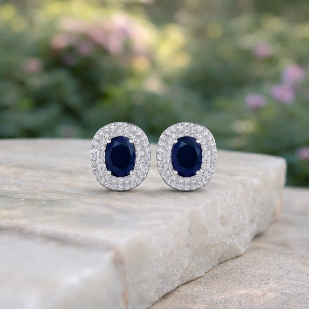 Genuine White Diamond and Blue Sapphire Studs