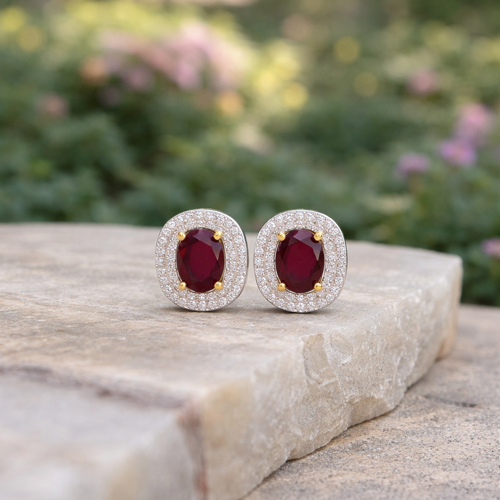 Genuine White Diamond and Ruby Studs