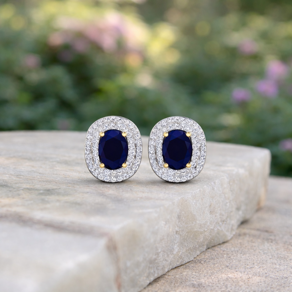 Genuine White Diamond and Blue Sapphire Studs