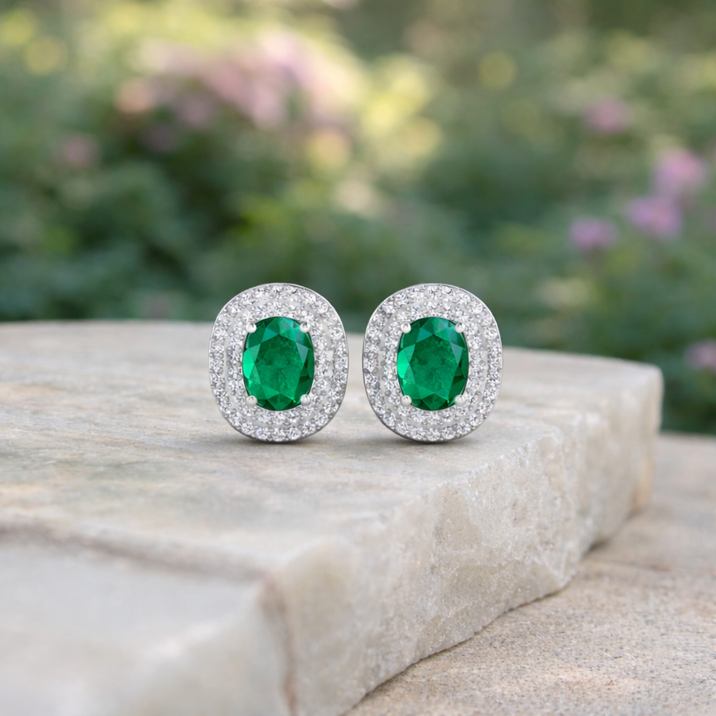 Genuine Diamond and Zambian Emerald 14k Gold Studs