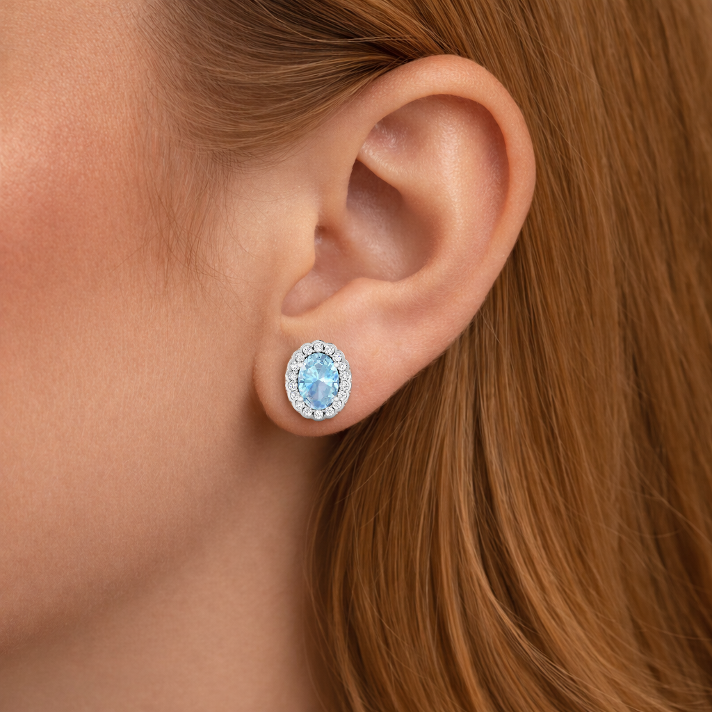 Genuine Aquamarine Diamond Oval Stud Earrings