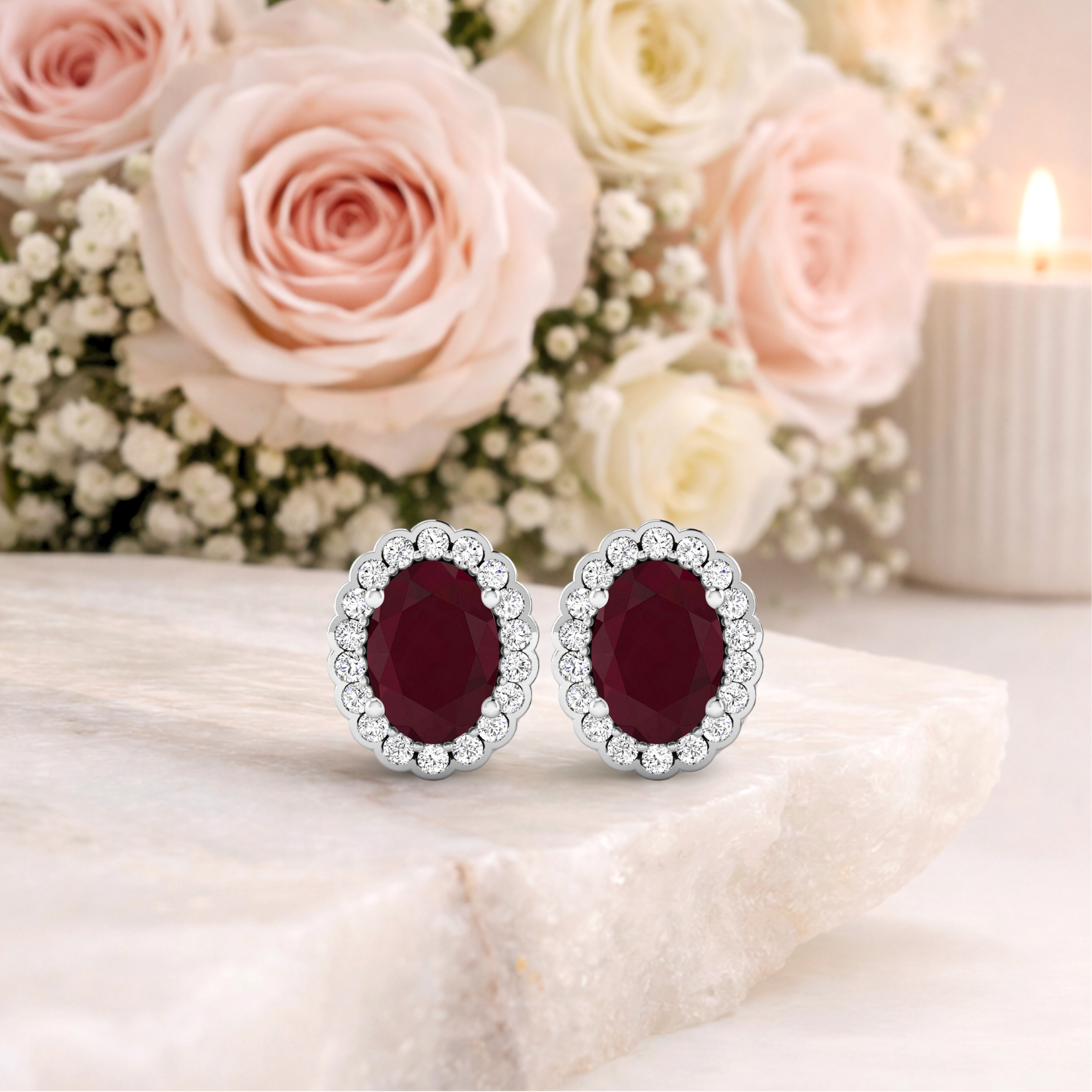 Genuine Diamond and Ruby Halo Earrings