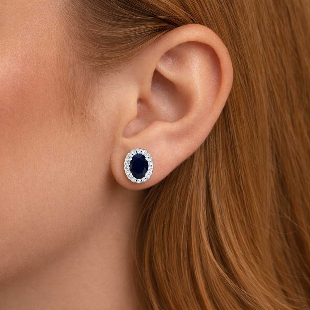 Genuine Diamond and Blue Sapphire Halo Earrings