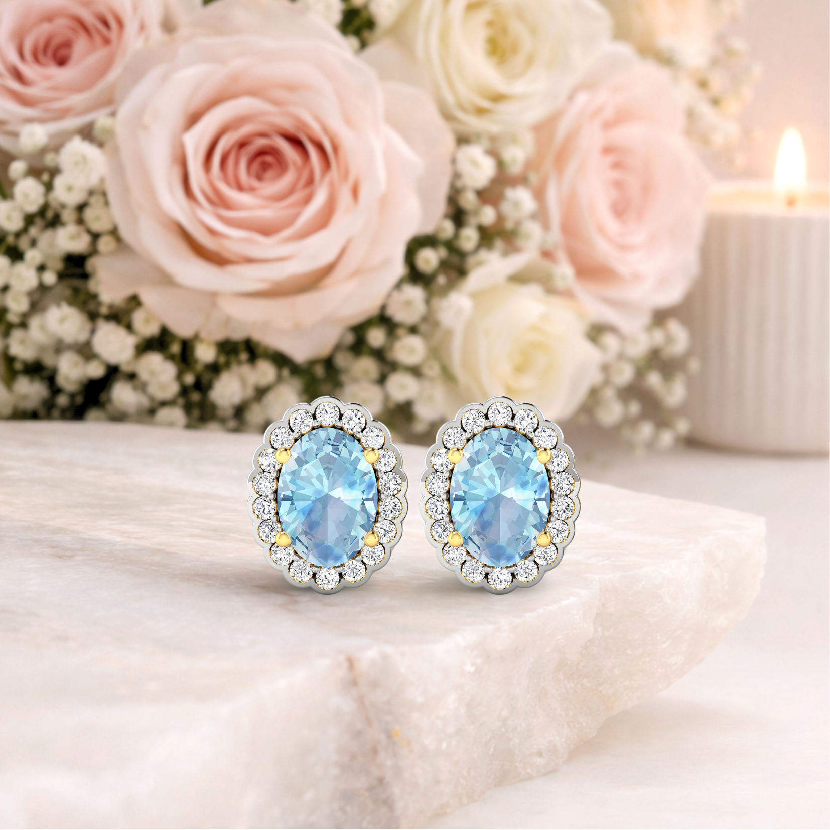 Genuine Aquamarine Diamond Oval Stud Earrings