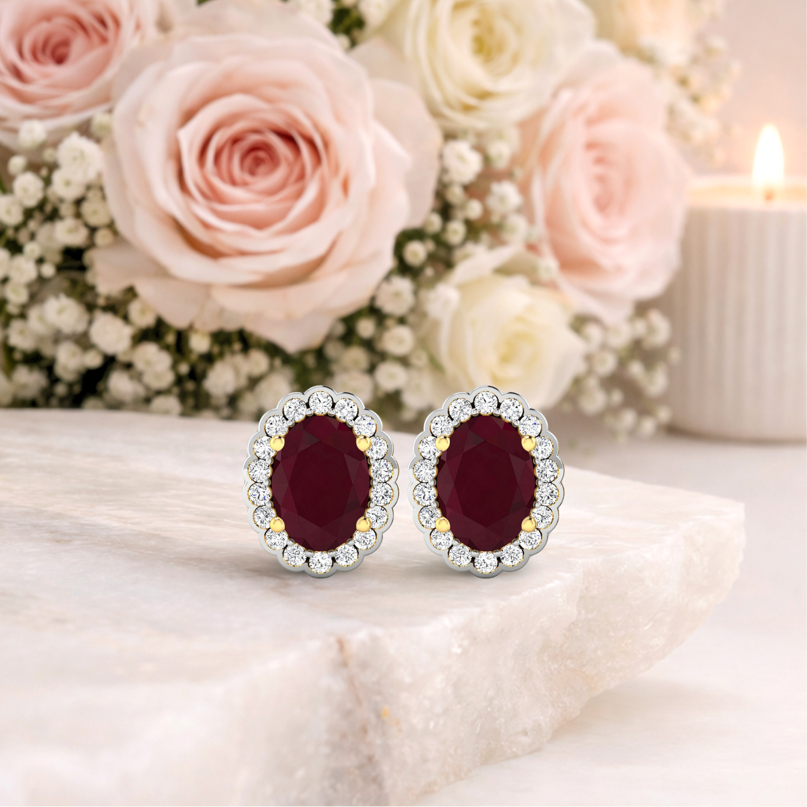Genuine Diamond and Ruby Halo Earrings