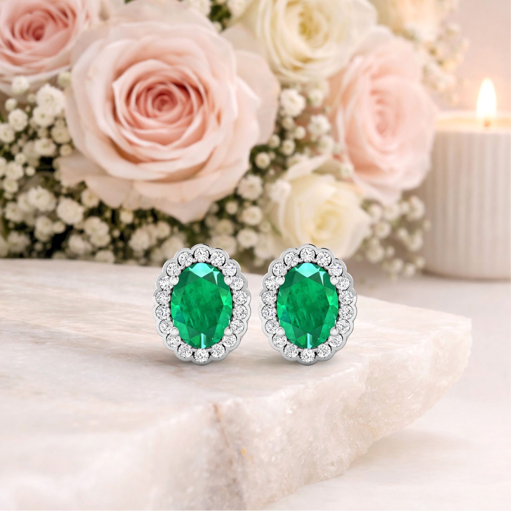 Genuine Diamond and Zambian Emerald Halo Earrings
