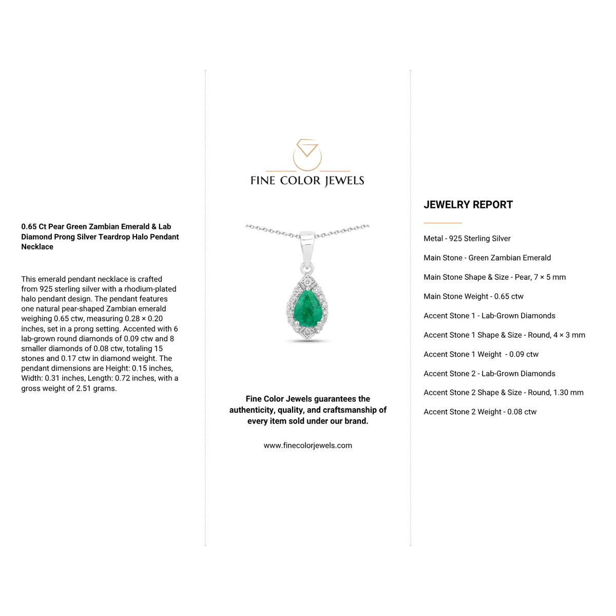 0.65 Ct Pear Green Zambian Emerald & Lab Diamond Prong Silver Teardrop Halo Pendant Necklace